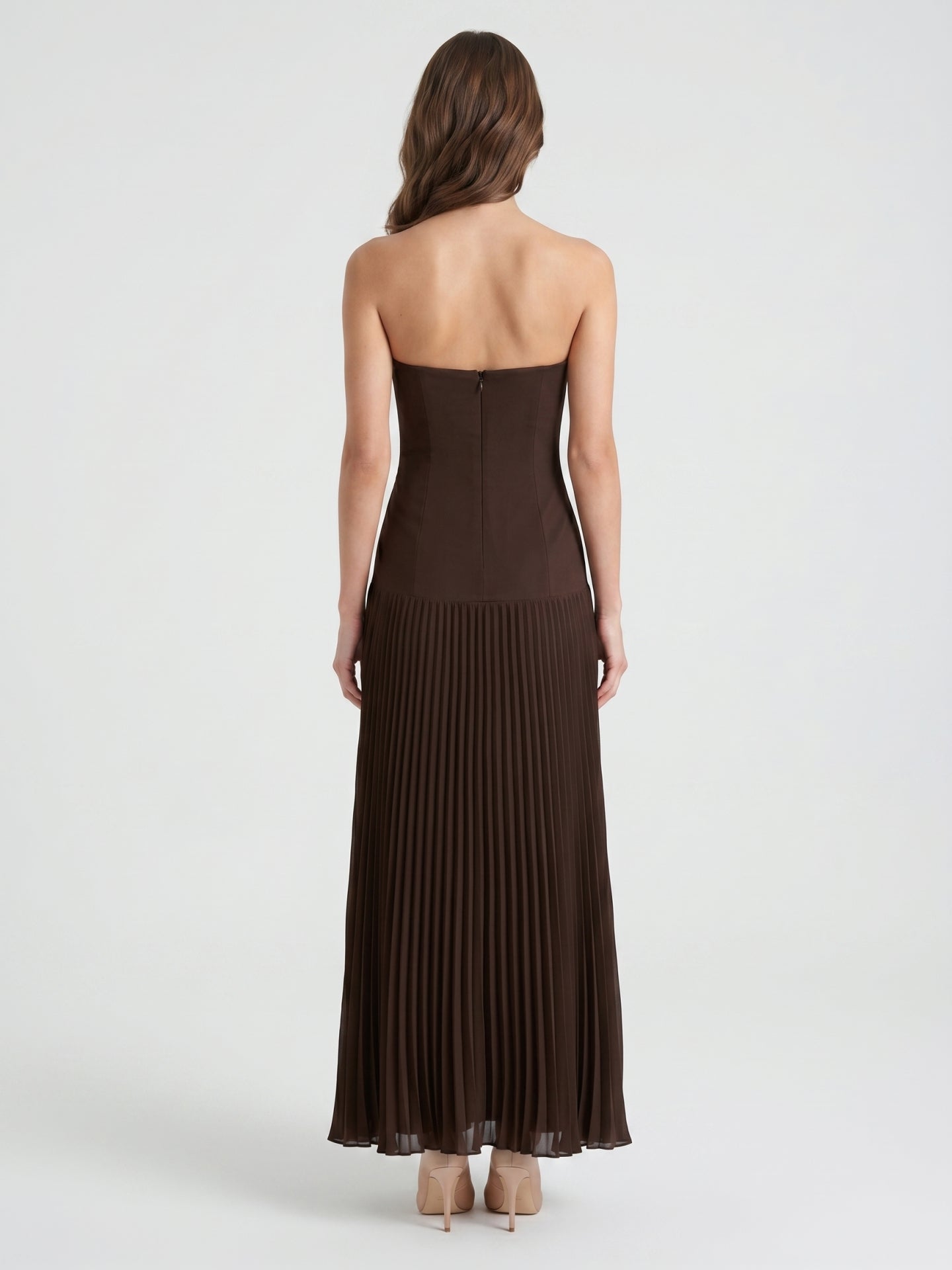 Espresso Chiffon A-Line Straight Neck Back Zip Floor-Length Pleated Bridesmaid Dress