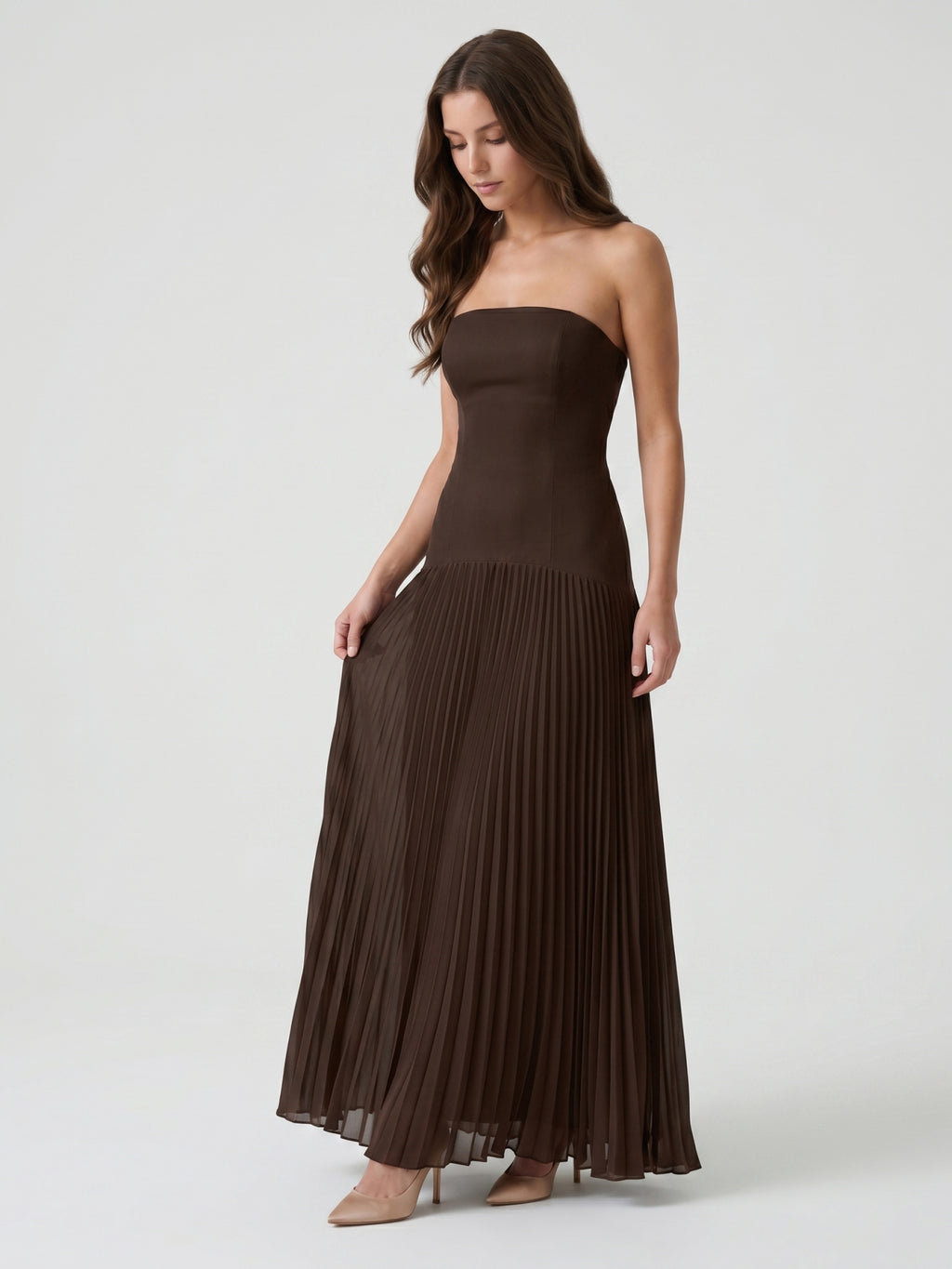 Espresso Chiffon A-Line Straight Neck Back Zip Floor-Length Pleated Bridesmaid Dress