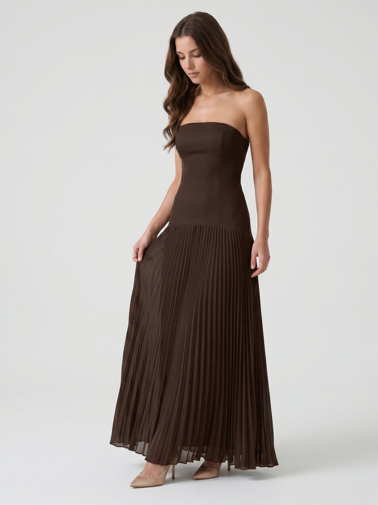 Espresso Chiffon A-Line Straight Neck Back Zip Floor-Length Pleated Bridesmaid Dress