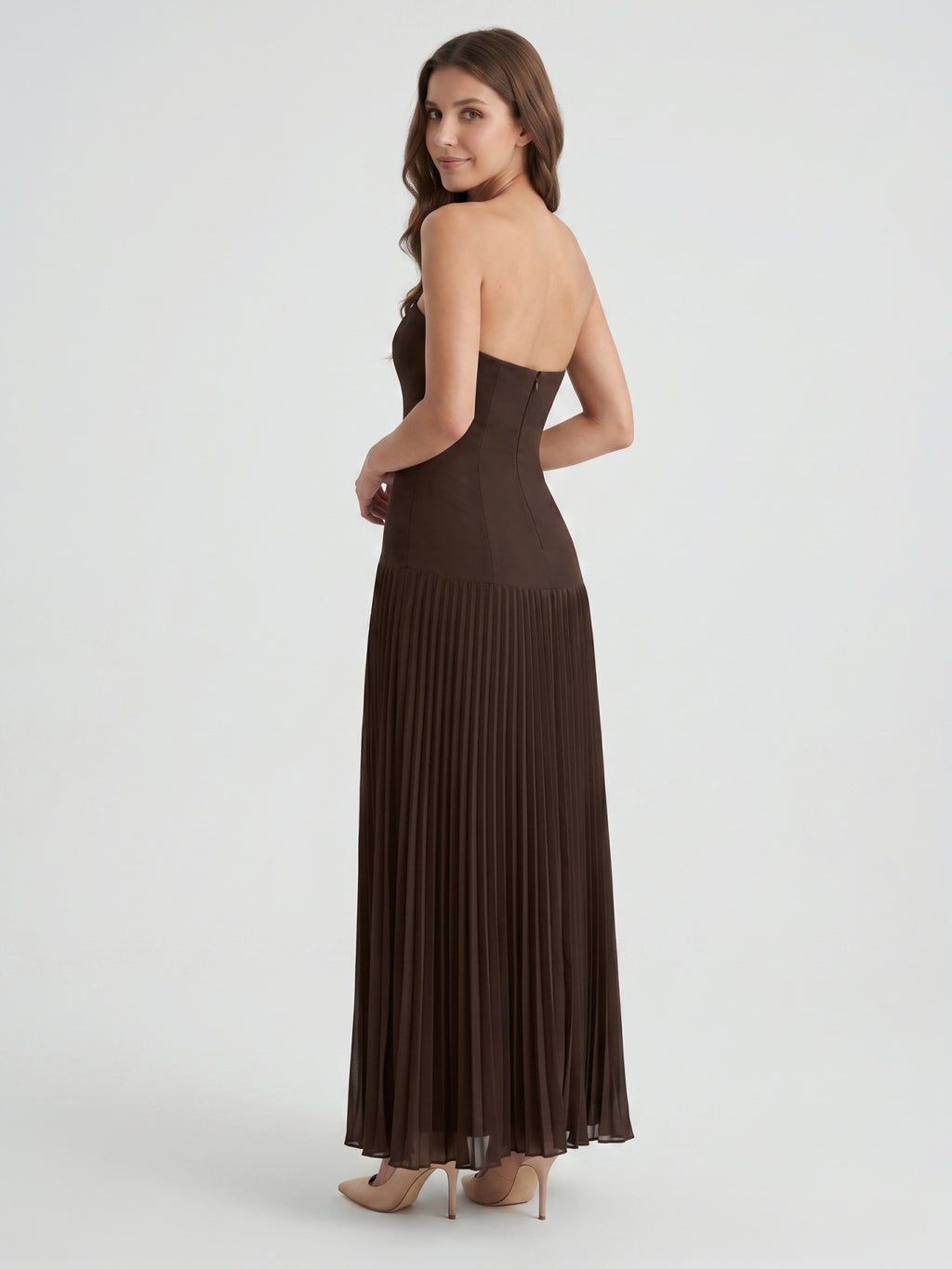 Espresso Chiffon A-Line Straight Neck Back Zip Floor-Length Pleated Bridesmaid Dress
