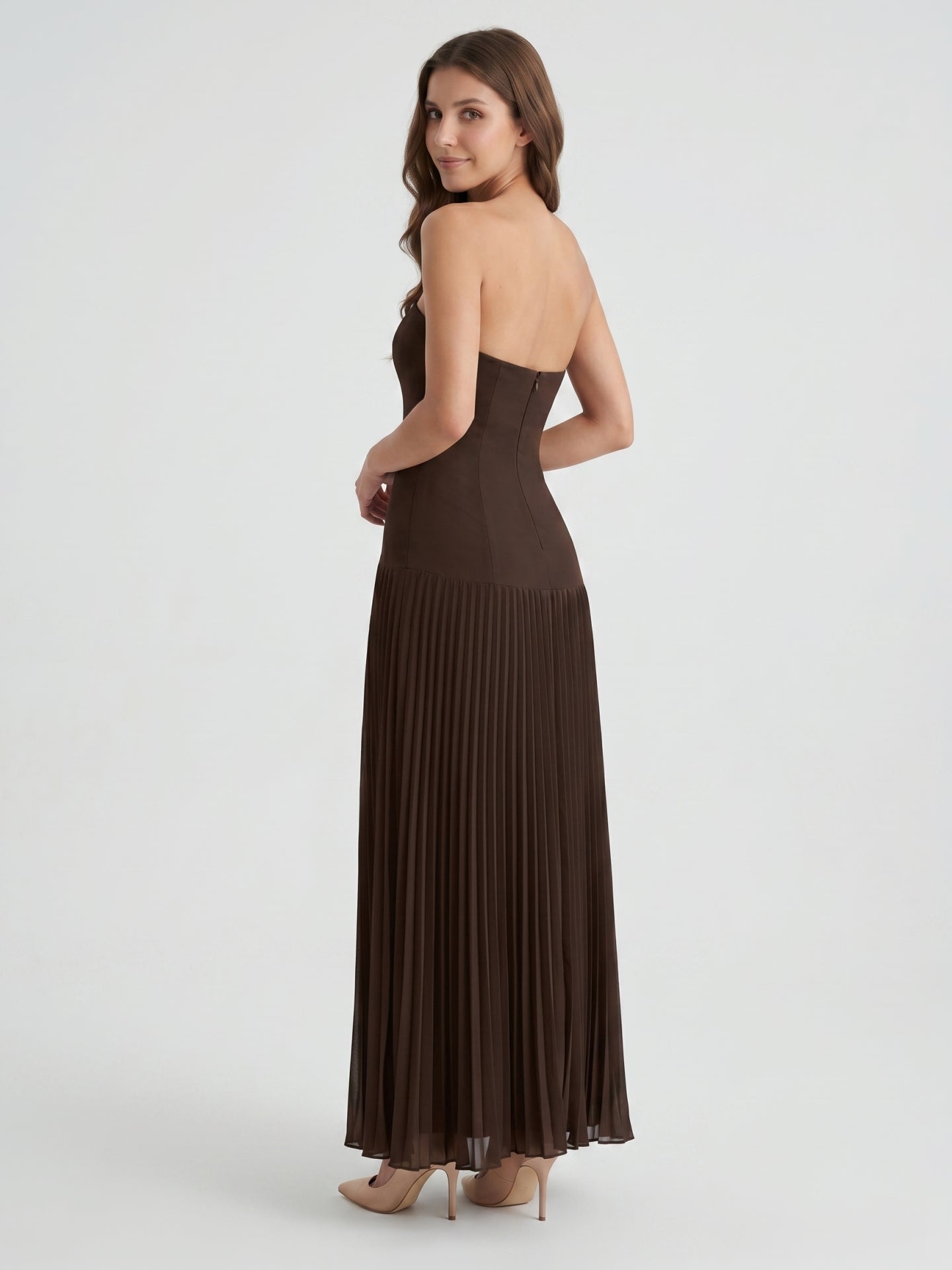 Espresso Chiffon A-Line Straight Neck Back Zip Floor-Length Pleated Bridesmaid Dress