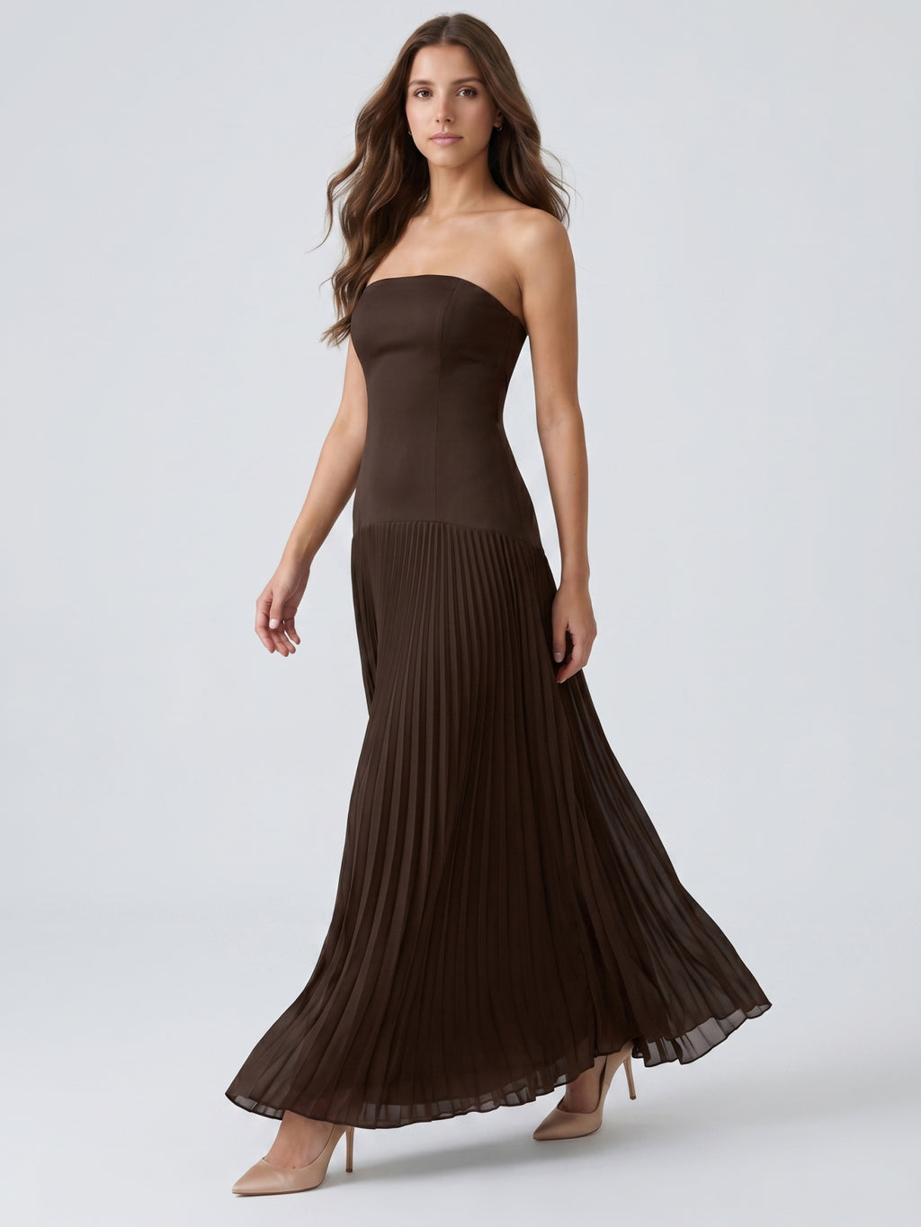 Espresso Chiffon A-Line Straight Neck Back Zip Floor-Length Pleated Bridesmaid Dress