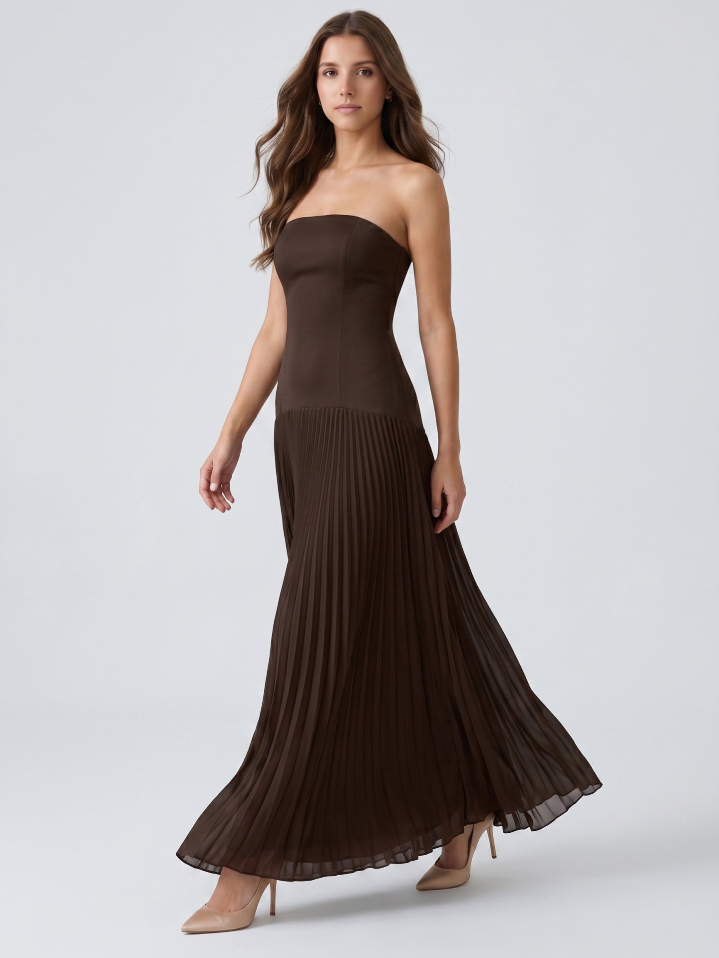 Espresso Chiffon A-Line Straight Neck Back Zip Floor-Length Pleated Bridesmaid Dress