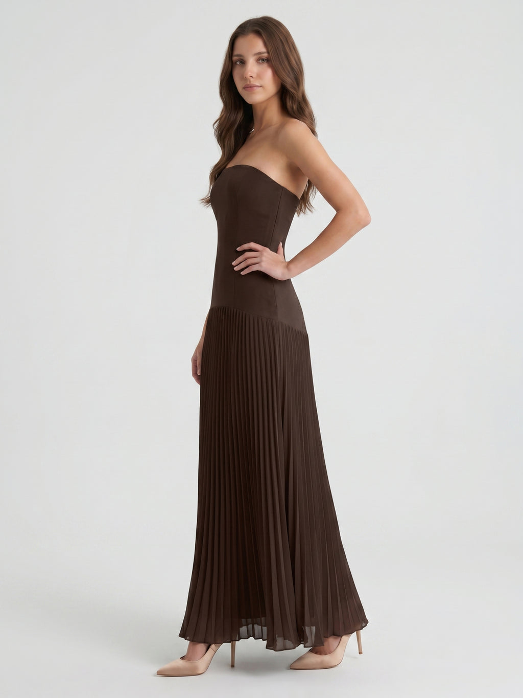 Espresso Chiffon A-Line Straight Neck Back Zip Floor-Length Pleated Bridesmaid Dress