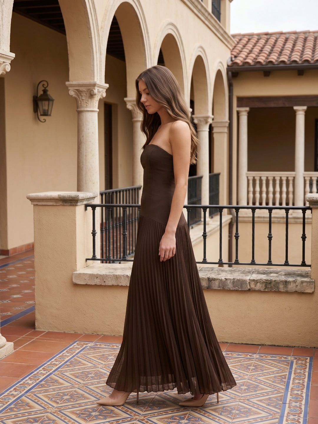 Espresso Chiffon A-Line Straight Neck Back Zip Floor-Length Pleated Bridesmaid Dress