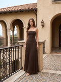 Espresso Chiffon A-Line Straight Neck Back Zip Floor-Length Pleated Bridesmaid Dress