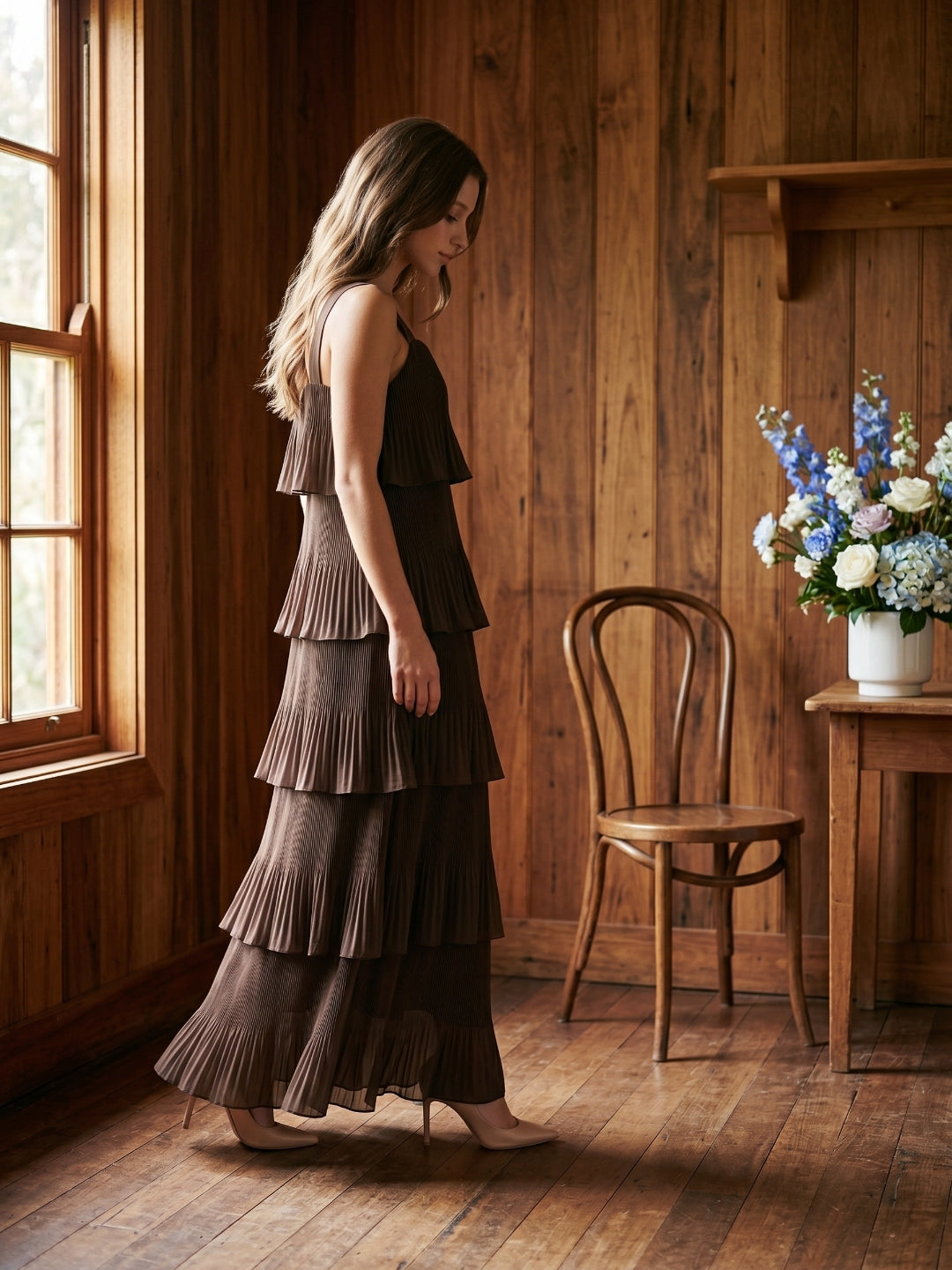 Espresso Chiffon A-Line V-Neck Back Zip Ankle-Length Cascading Ruffle Bridesmaid Dress