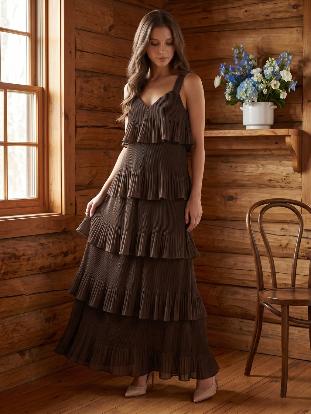Espresso Chiffon A-Line V-Neck Back Zip Ankle-Length Cascading Ruffle Bridesmaid Dress