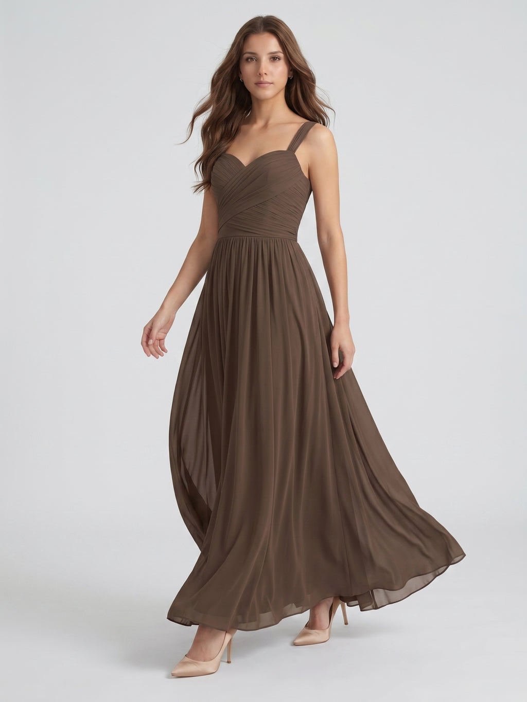 Espresso Chiffon A-Line Sweetheart Backless Floor-Length Pleated Bridesmaid Dress
