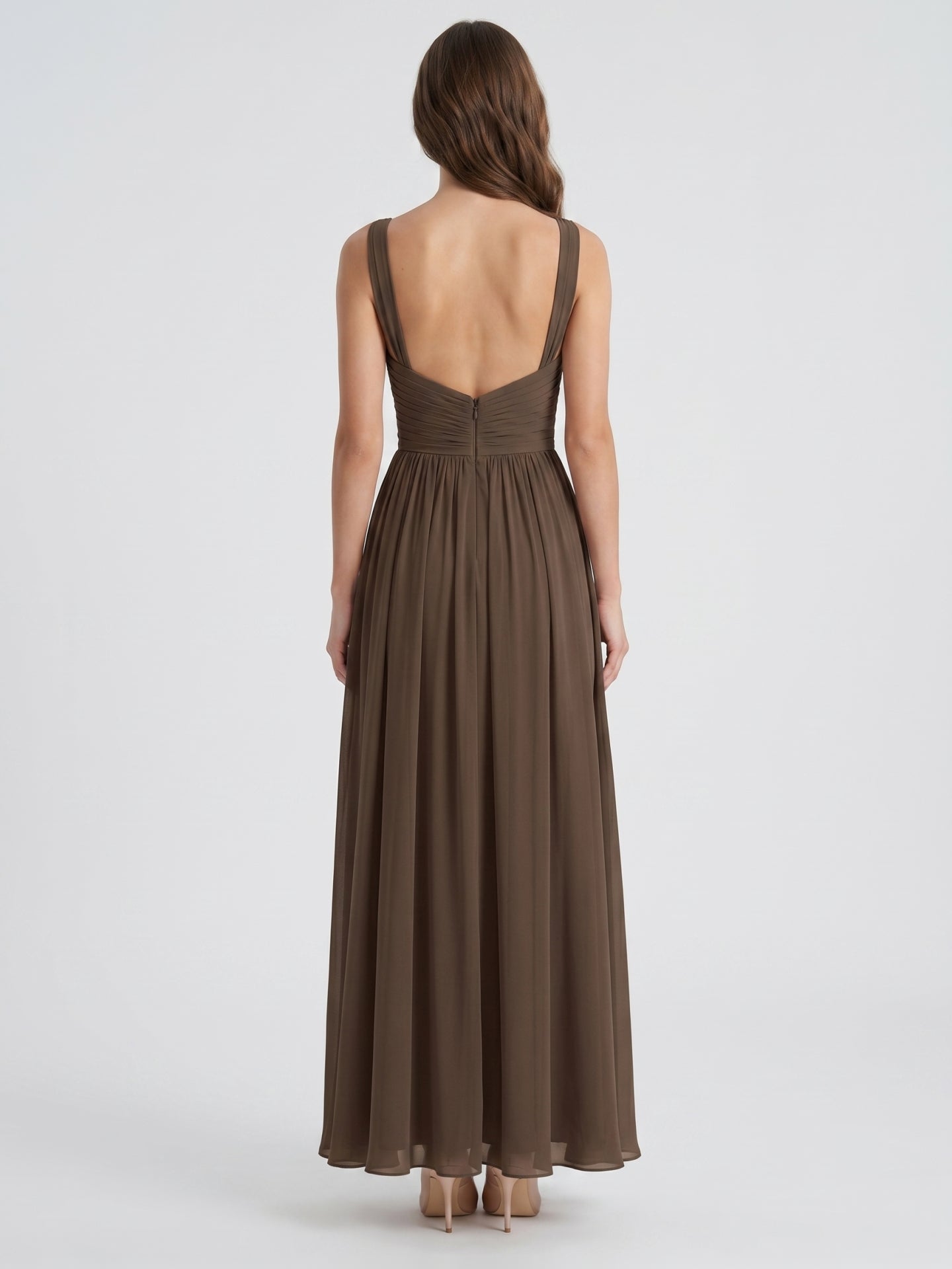 Espresso Chiffon A-Line Sweetheart Backless Floor-Length Pleated Bridesmaid Dress