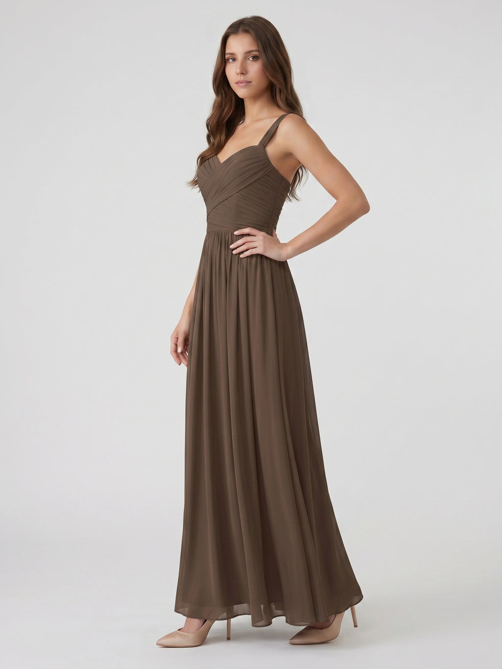 Espresso Chiffon A-Line Sweetheart Backless Floor-Length Pleated Bridesmaid Dress
