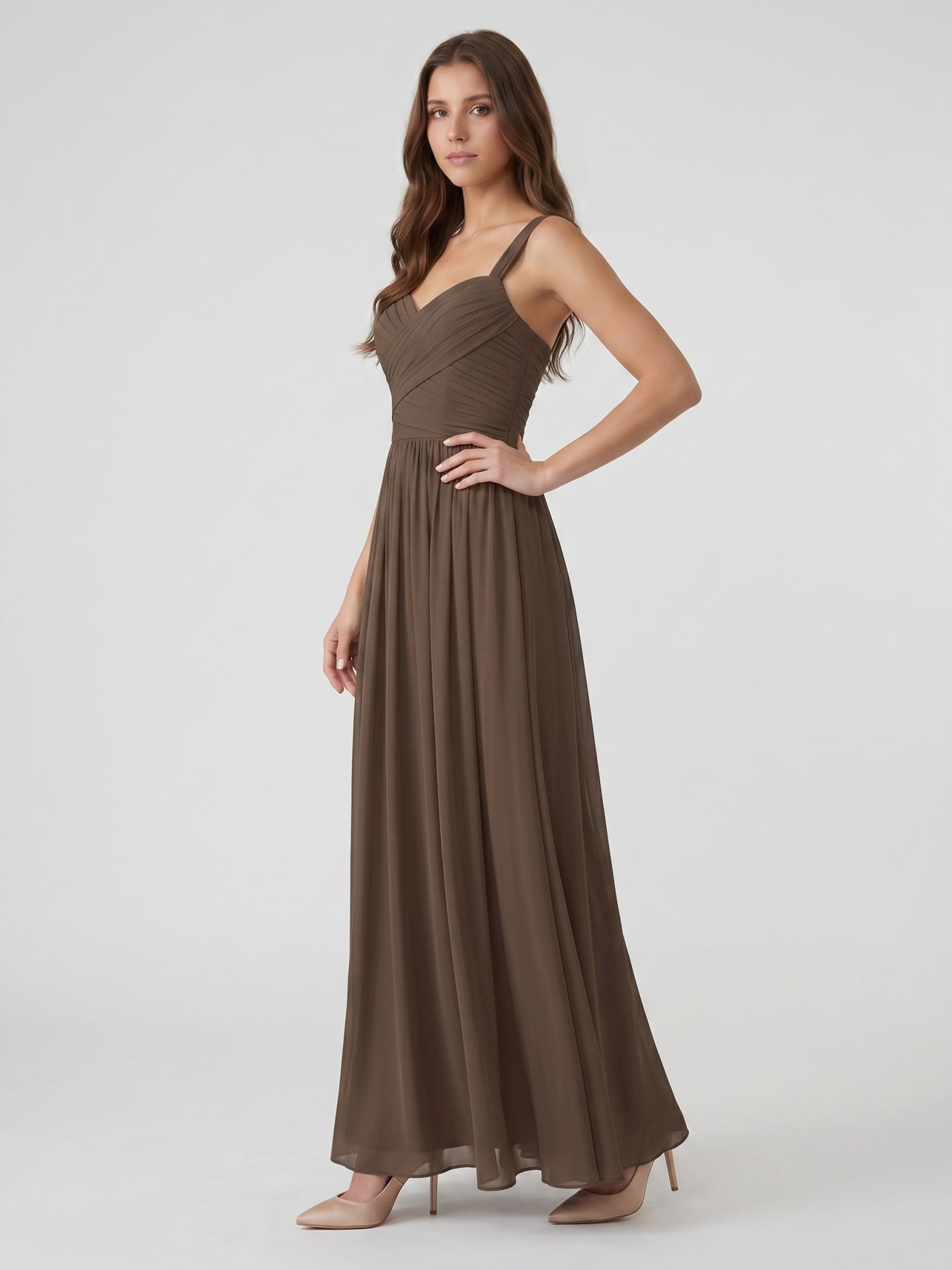 Espresso Chiffon A-Line Sweetheart Backless Floor-Length Pleated Bridesmaid Dress