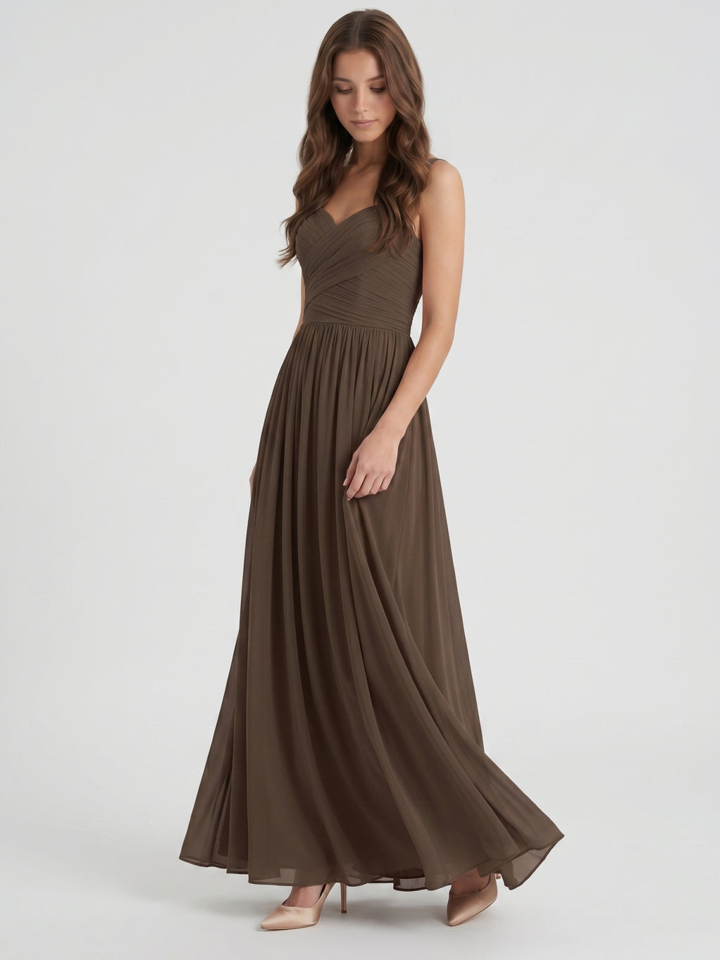 Espresso Chiffon A-Line Sweetheart Backless Floor-Length Pleated Bridesmaid Dress