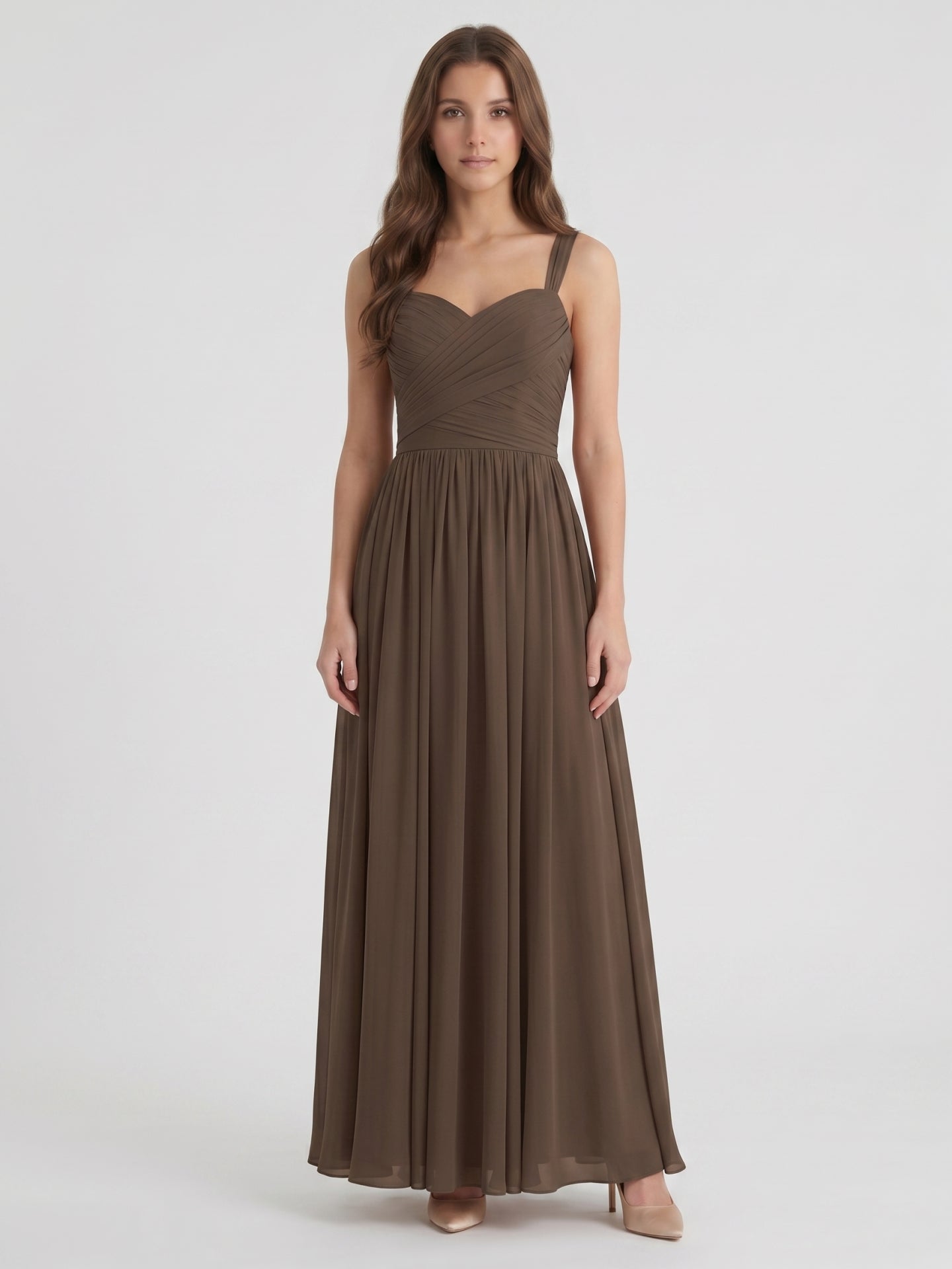 Espresso Chiffon A-Line Sweetheart Backless Floor-Length Pleated Bridesmaid Dress