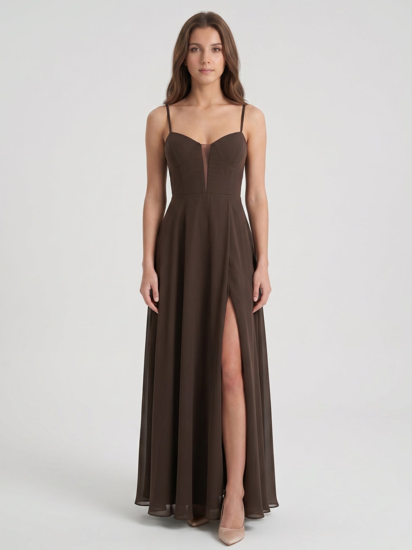Espresso Chiffon A-Line Sweetheart Keyhole Back Floor-Length Bridesmaid Dress