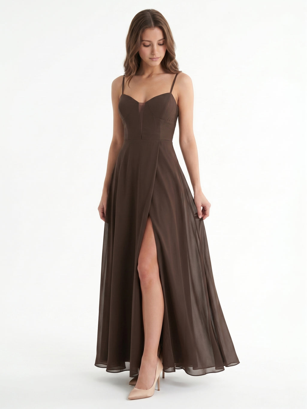 Espresso Chiffon A-Line Sweetheart Keyhole Back Floor-Length Bridesmaid Dress