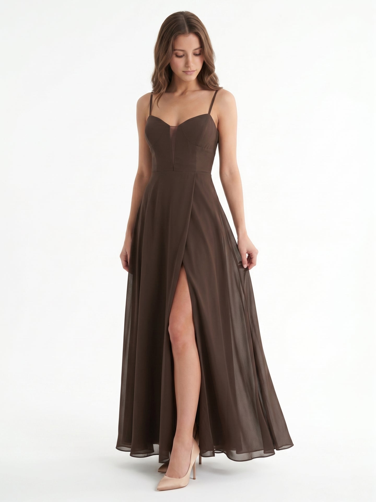 Espresso Chiffon A-Line Sweetheart Keyhole Back Floor-Length Bridesmaid Dress
