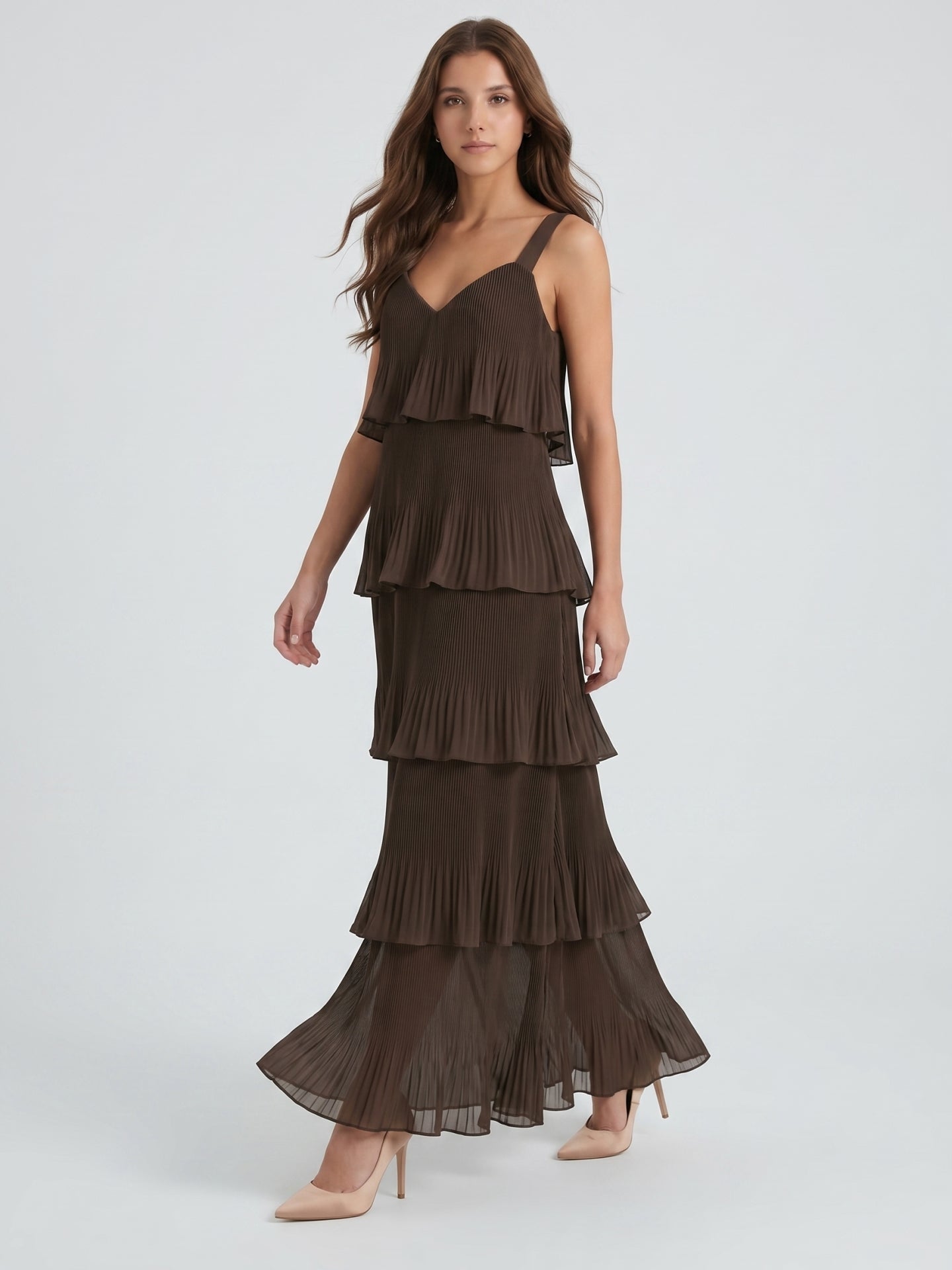 Espresso Chiffon A-Line V-Neck Back Zip Ankle-Length Cascading Ruffle Bridesmaid Dress