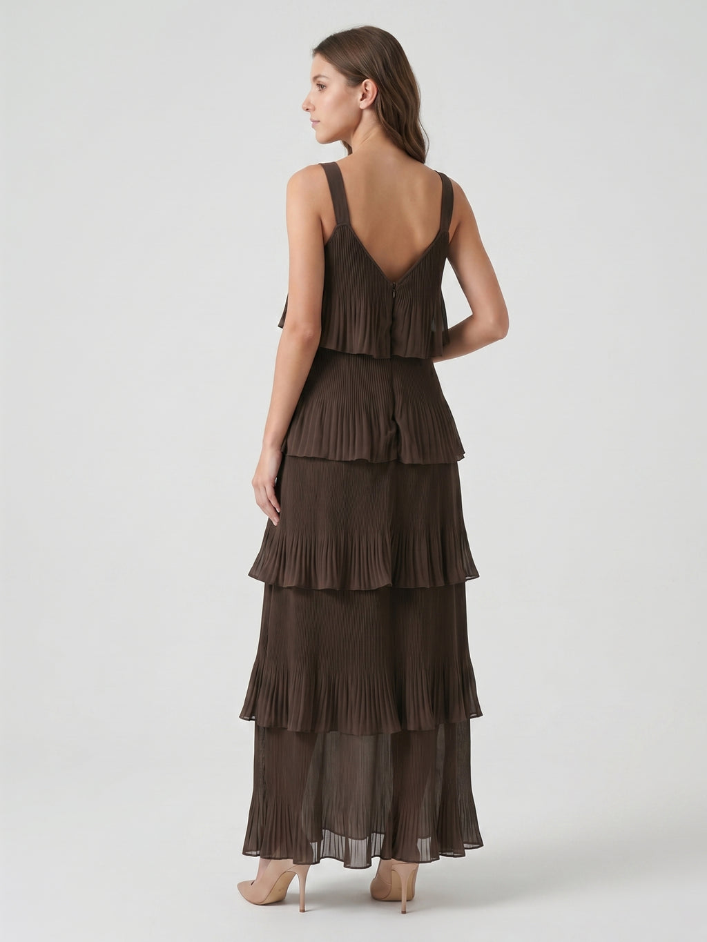 Espresso Chiffon A-Line V-Neck Back Zip Ankle-Length Cascading Ruffle Bridesmaid Dress