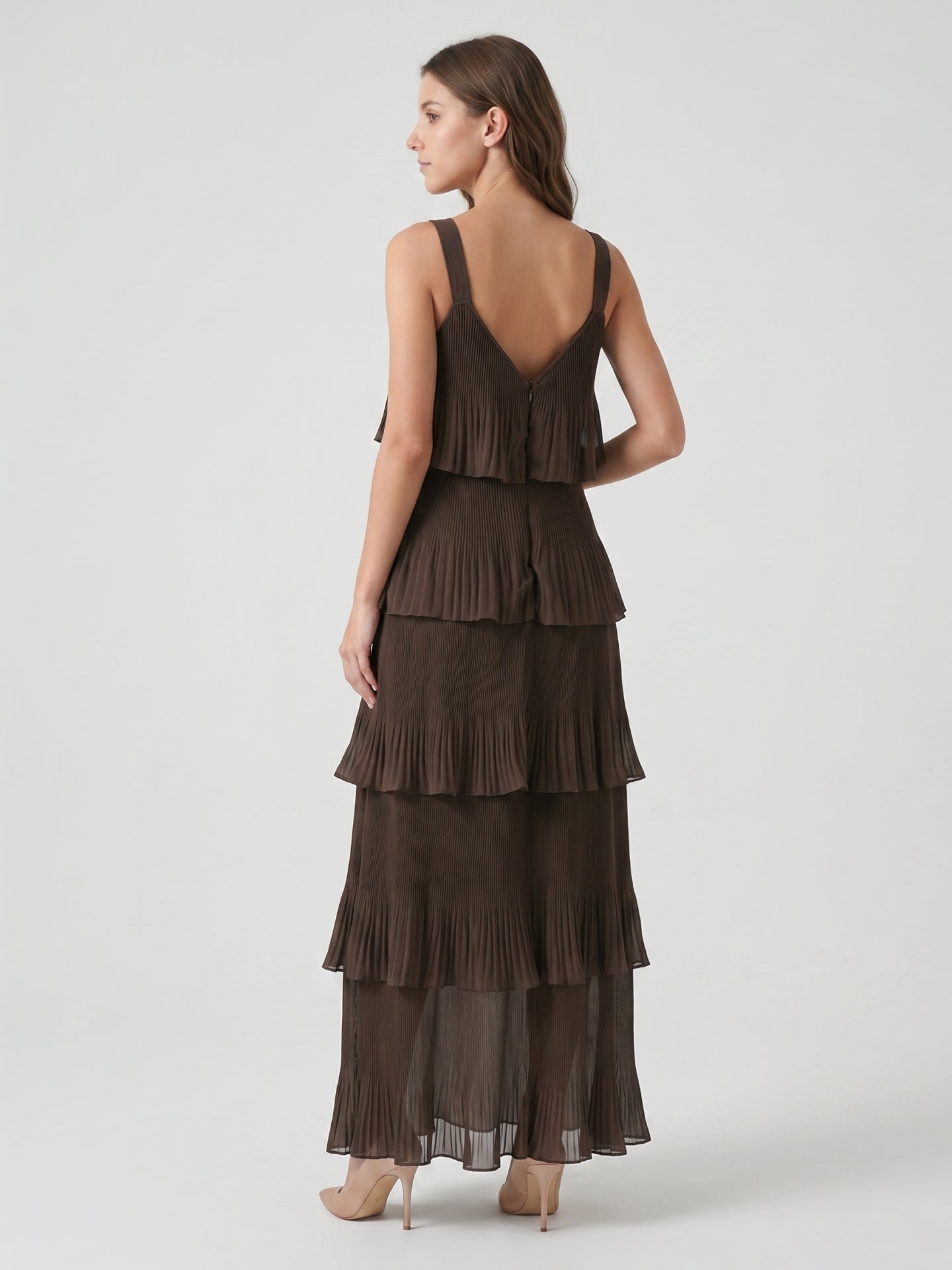 Espresso Chiffon A-Line V-Neck Back Zip Ankle-Length Cascading Ruffle Bridesmaid Dress