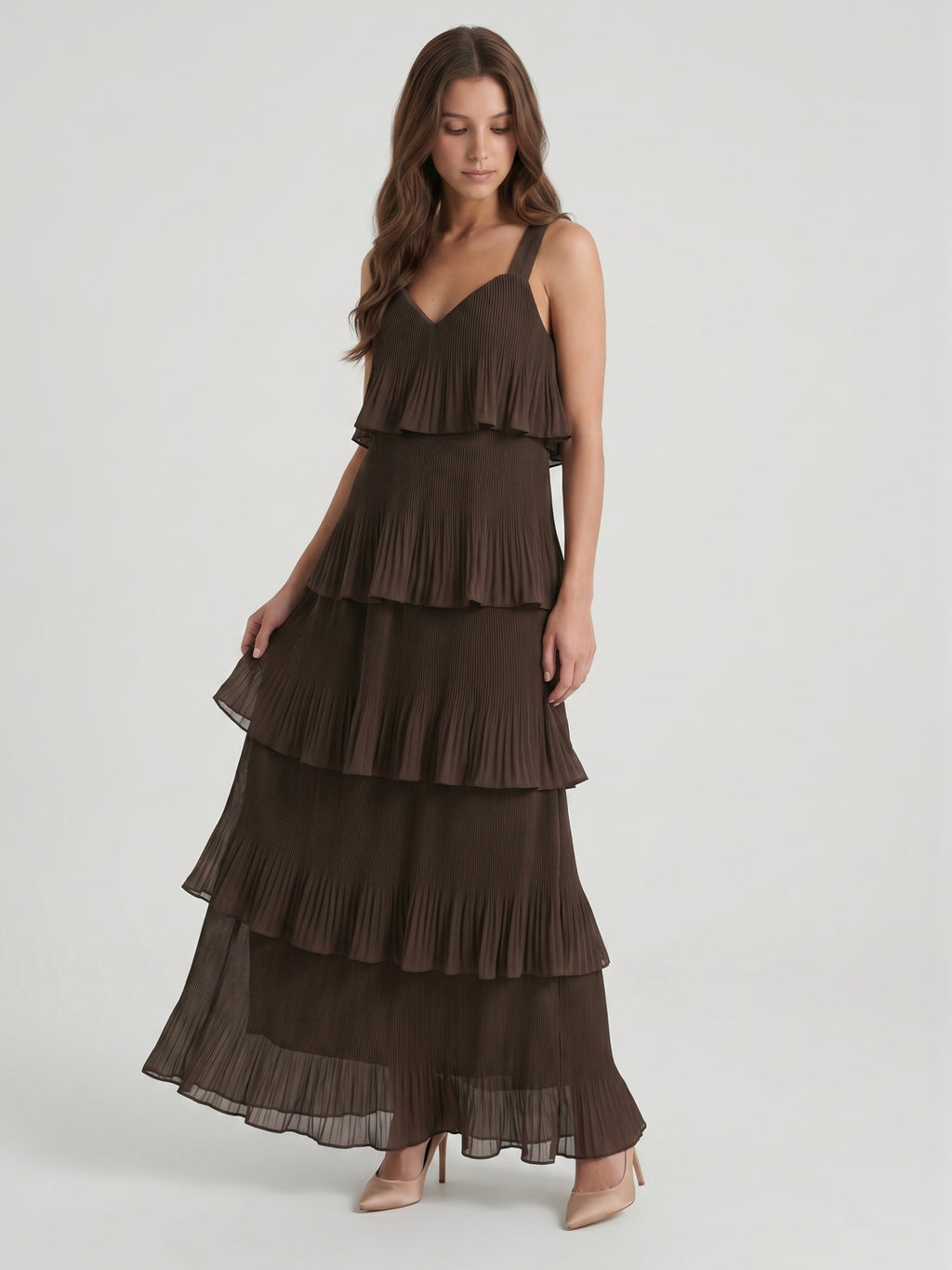 Espresso Chiffon A-Line V-Neck Back Zip Ankle-Length Cascading Ruffle Bridesmaid Dress