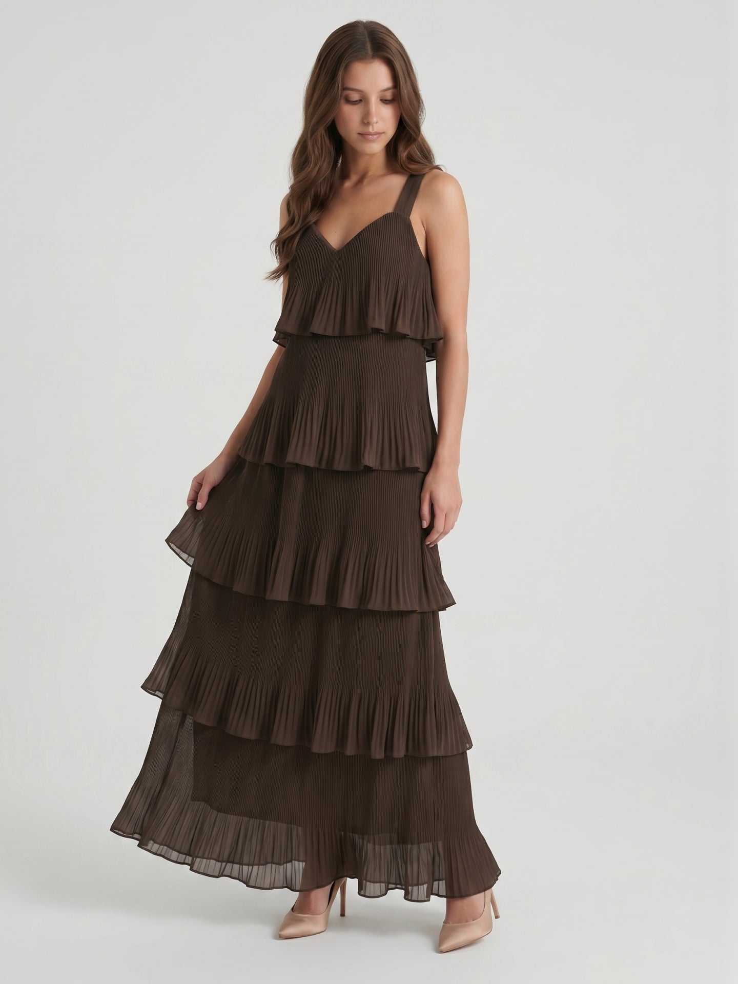 Espresso Chiffon A-Line V-Neck Back Zip Ankle-Length Cascading Ruffle Bridesmaid Dress