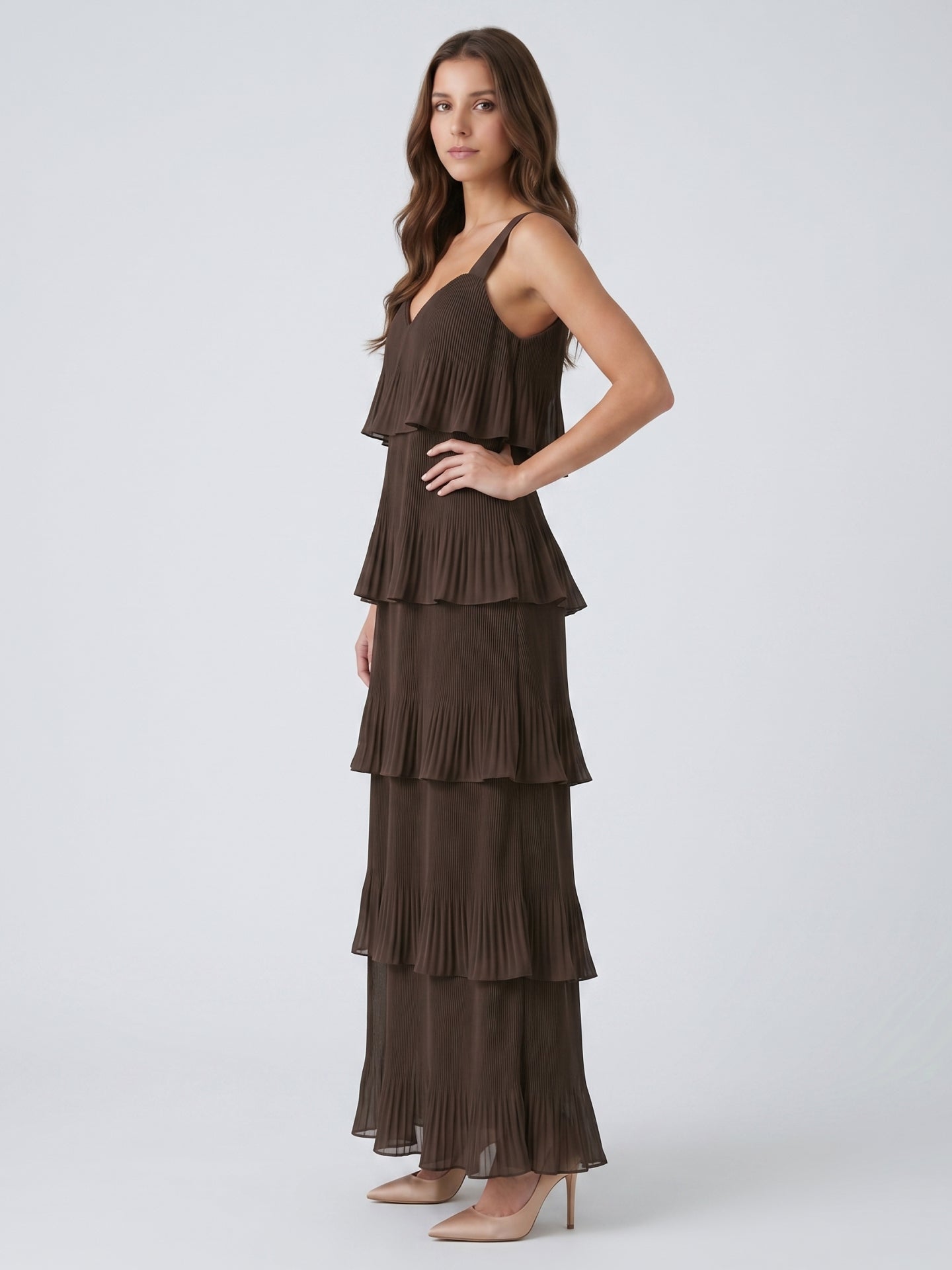 Espresso Chiffon A-Line V-Neck Back Zip Ankle-Length Cascading Ruffle Bridesmaid Dress