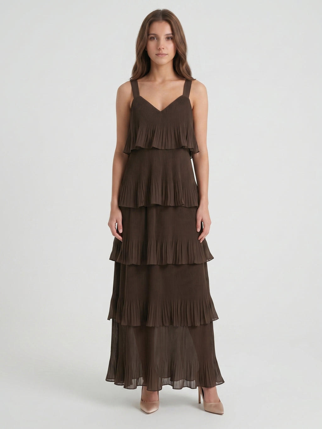 Espresso Chiffon A-Line V-Neck Back Zip Ankle-Length Cascading Ruffle Bridesmaid Dress