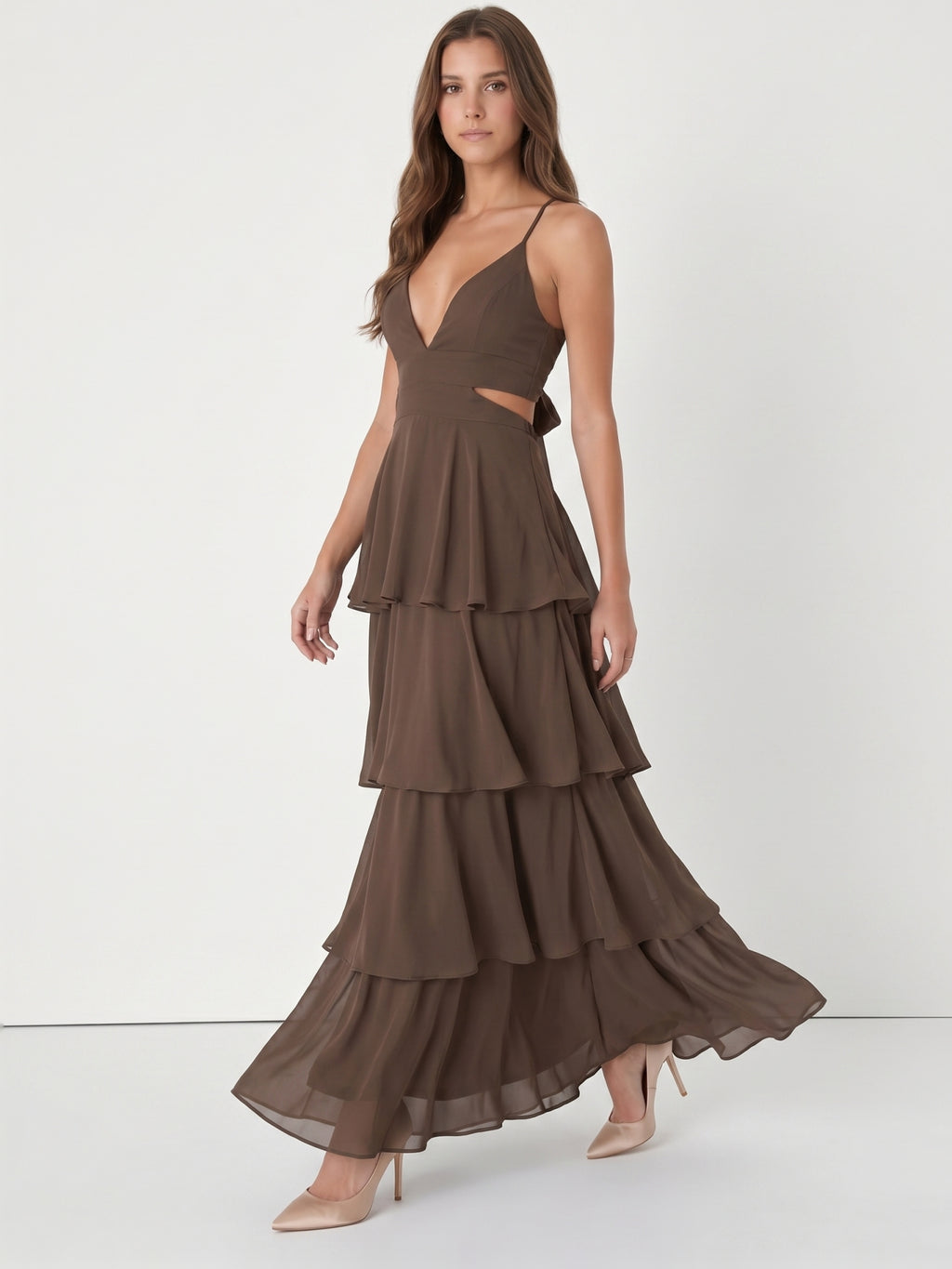 Espresso Chiffon A-Line V-Neck Keyhole Back Floor-Length Cascading Ruffle Bridesmaid Dress