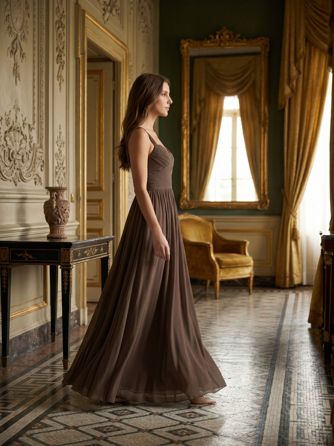 Espresso Chiffon A-Line Sweetheart Backless Floor-Length Pleated Bridesmaid Dress