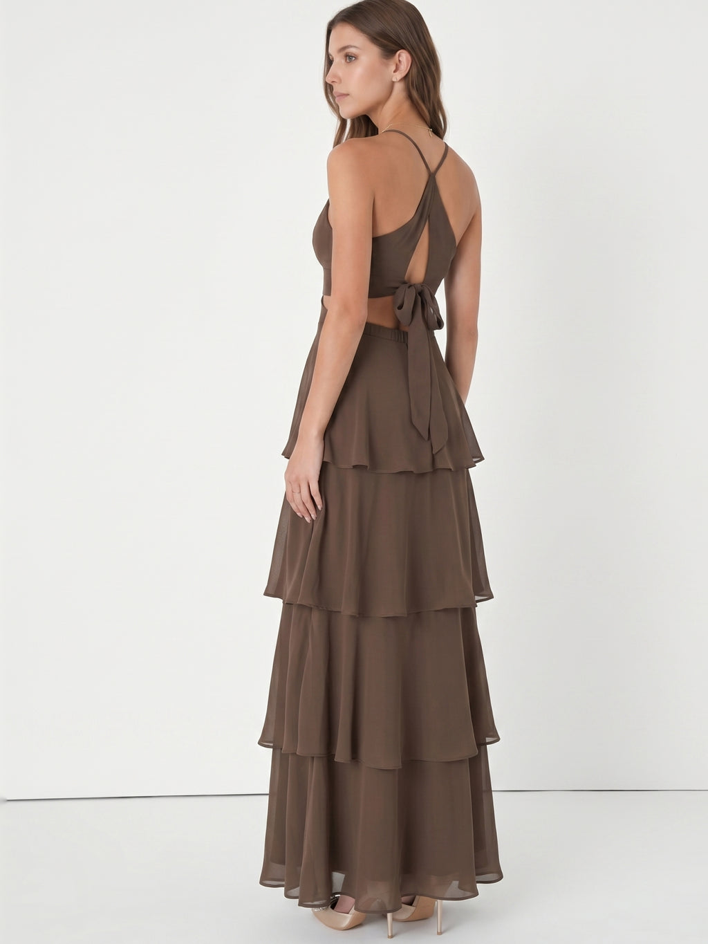 Espresso Chiffon A-Line V-Neck Keyhole Back Floor-Length Cascading Ruffle Bridesmaid Dress
