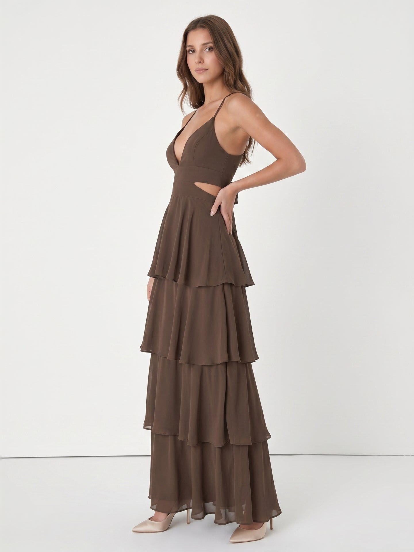 Espresso Chiffon A-Line V-Neck Keyhole Back Floor-Length Cascading Ruffle Bridesmaid Dress