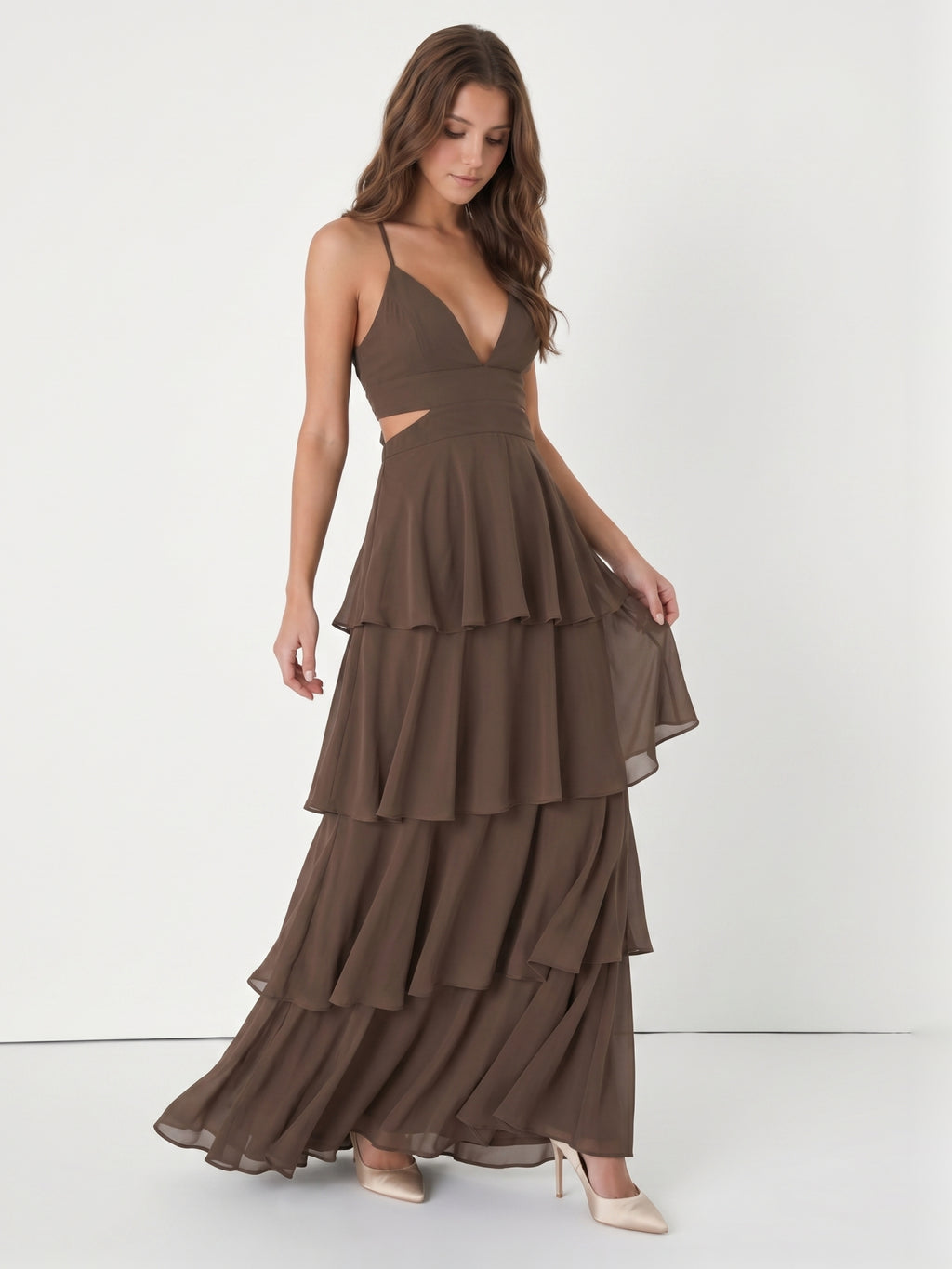 Espresso Chiffon A-Line V-Neck Keyhole Back Floor-Length Cascading Ruffle Bridesmaid Dress