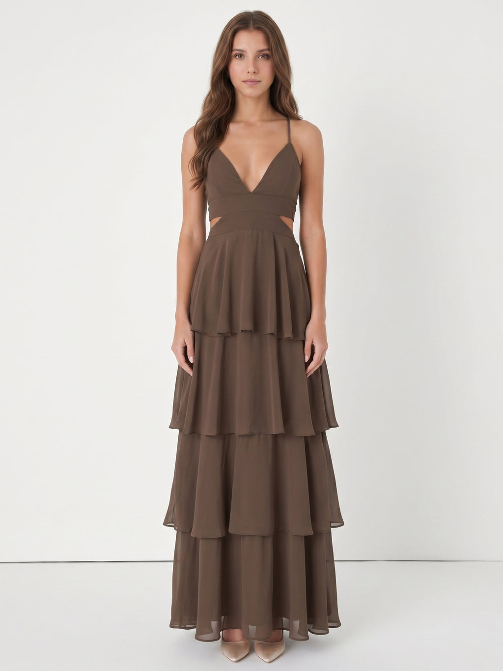 Espresso Chiffon A-Line V-Neck Keyhole Back Floor-Length Cascading Ruffle Bridesmaid Dress