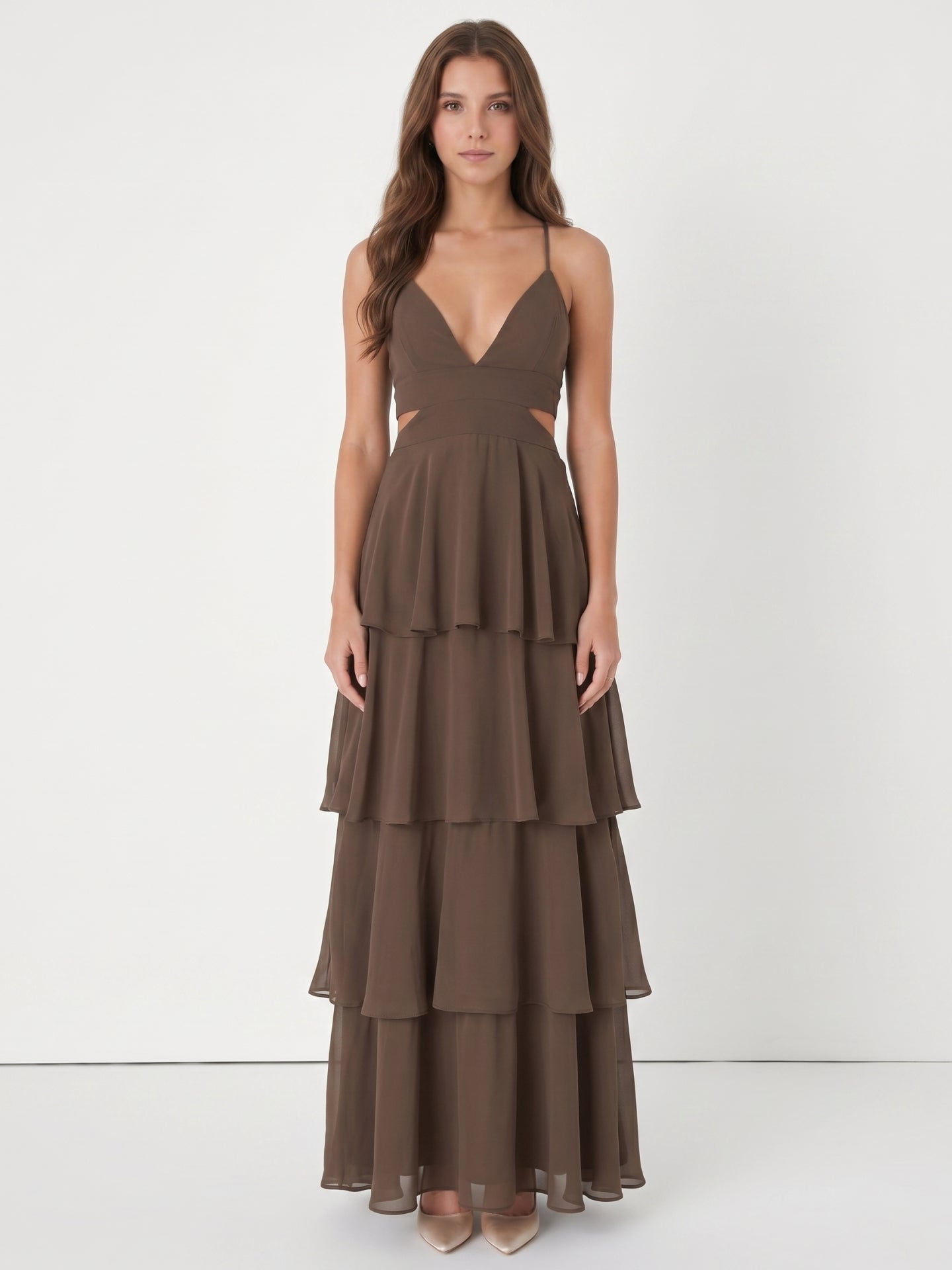 Espresso Chiffon A-Line V-Neck Keyhole Back Floor-Length Cascading Ruffle Bridesmaid Dress