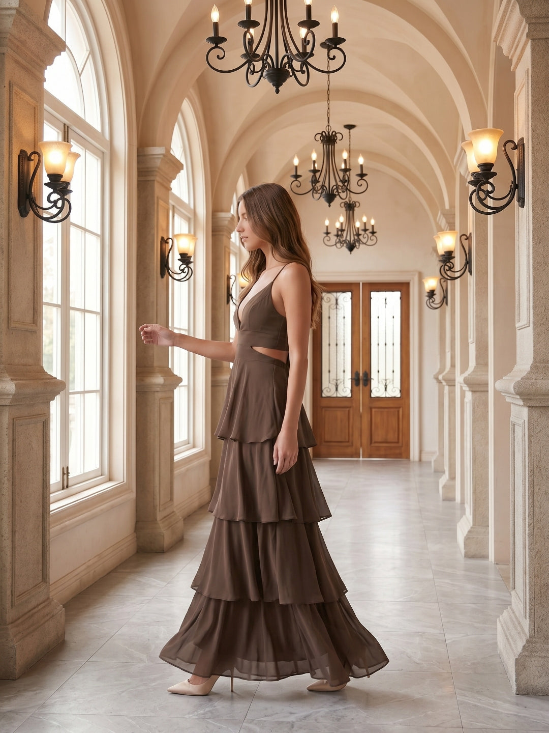 Espresso Chiffon A-Line V-Neck Keyhole Back Floor-Length Cascading Ruffle Bridesmaid Dress