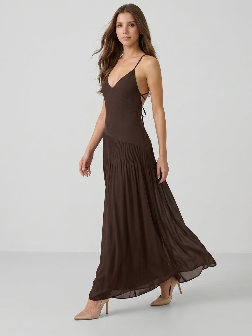 Espresso Chiffon Column V-Neck Lace-Up Back Floor-Length Pleated Bridesmaid Dress