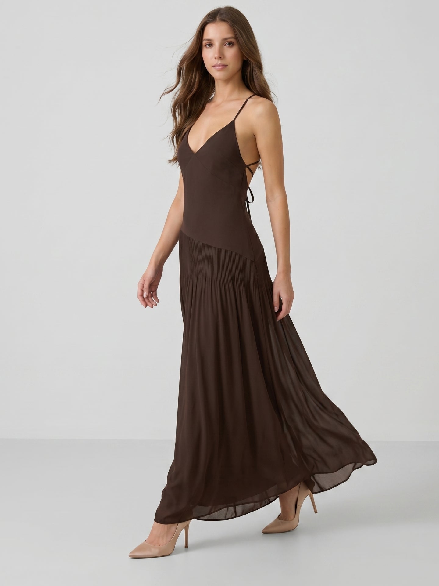 Espresso Chiffon Column V-Neck Lace-Up Back Floor-Length Pleated Bridesmaid Dress