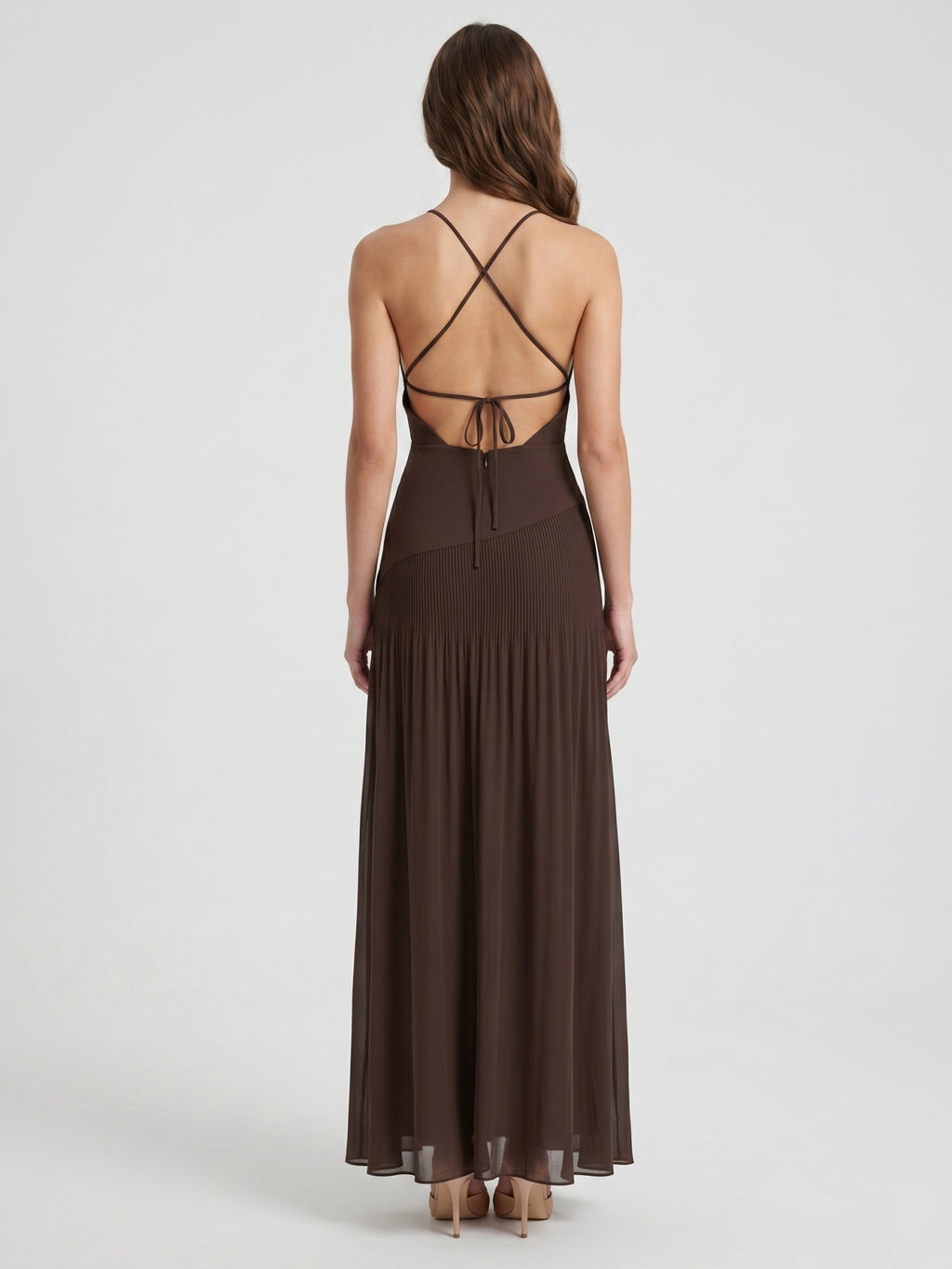 Espresso Chiffon Column V-Neck Lace-Up Back Floor-Length Pleated Bridesmaid Dress