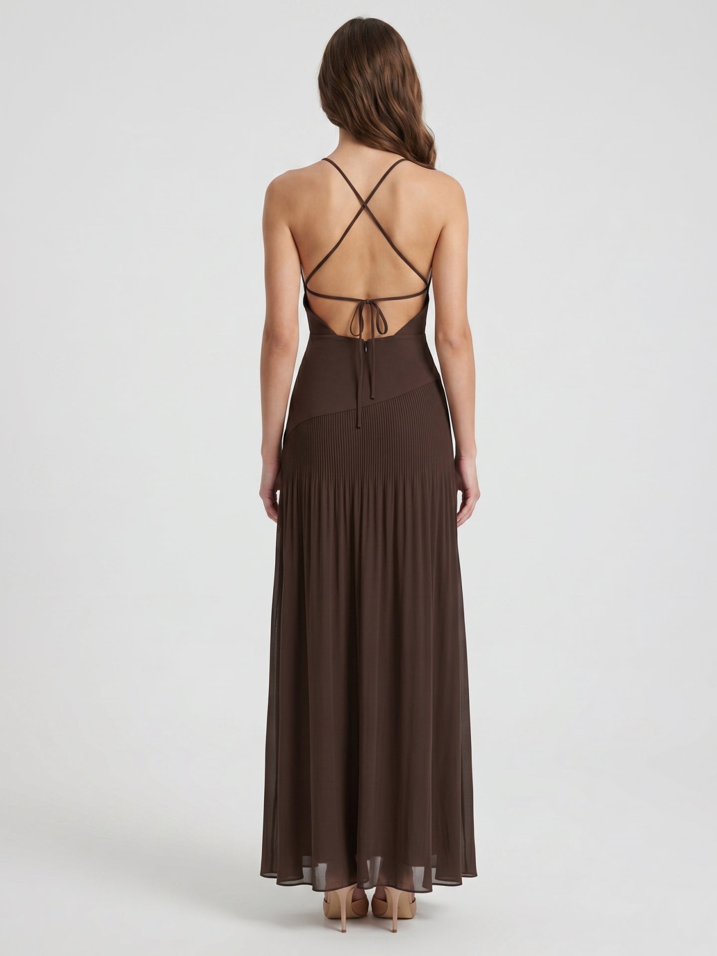 Espresso Chiffon Column V-Neck Lace-Up Back Floor-Length Pleated Bridesmaid Dress