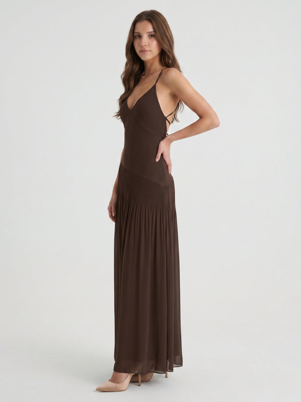 Espresso Chiffon Column V-Neck Lace-Up Back Floor-Length Pleated Bridesmaid Dress