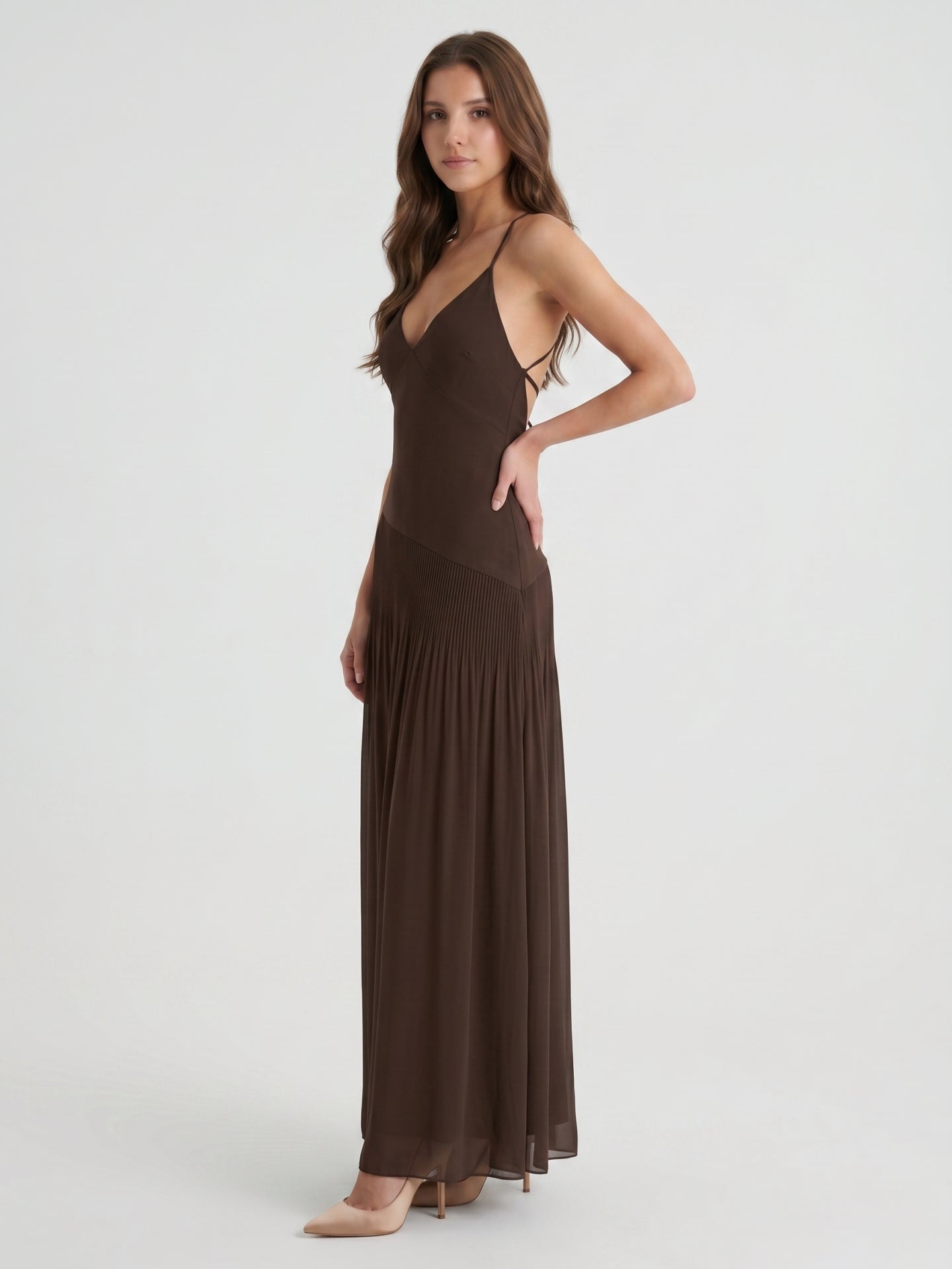 Espresso Chiffon Column V-Neck Lace-Up Back Floor-Length Pleated Bridesmaid Dress