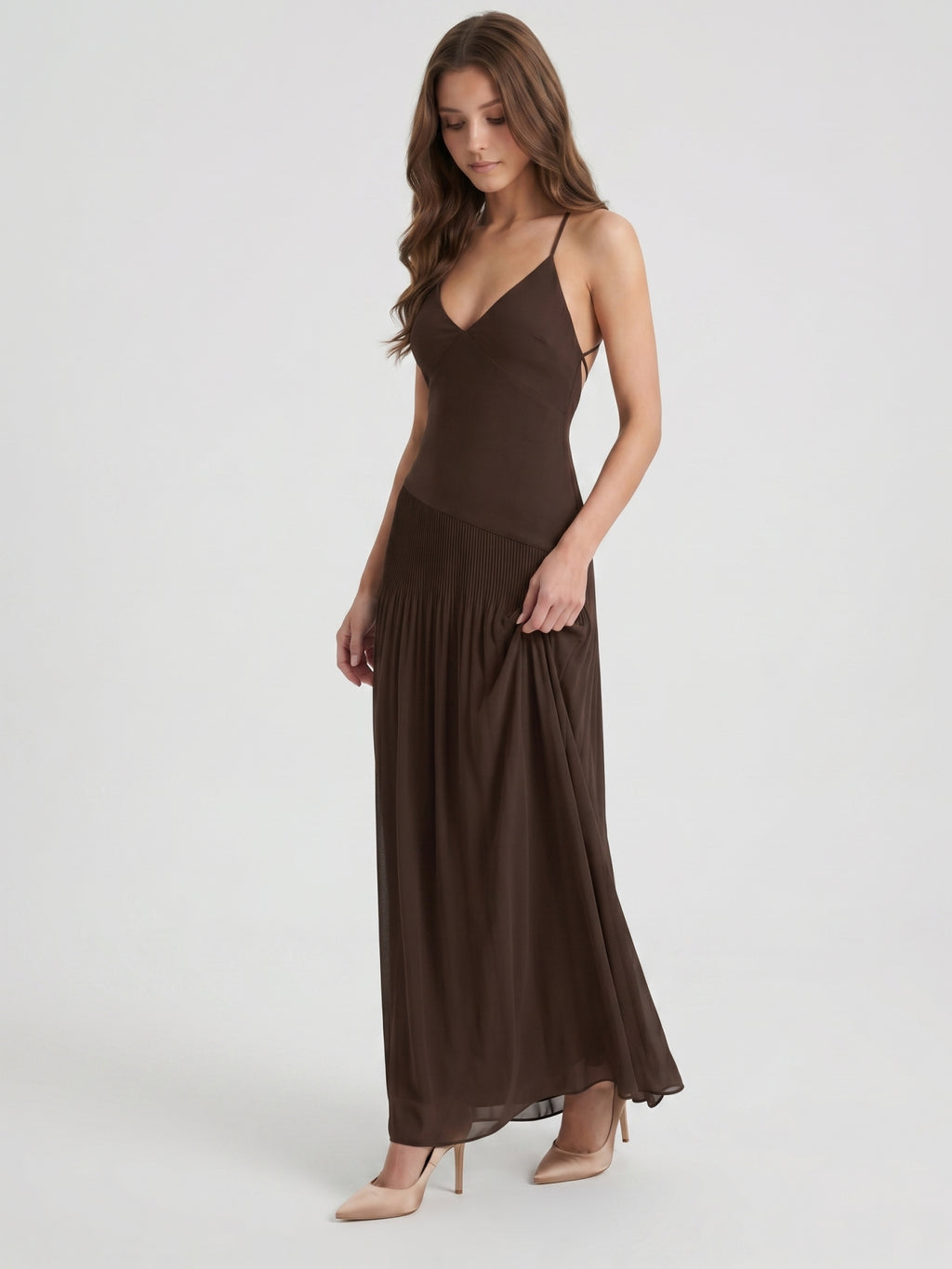 Espresso Chiffon Column V-Neck Lace-Up Back Floor-Length Pleated Bridesmaid Dress