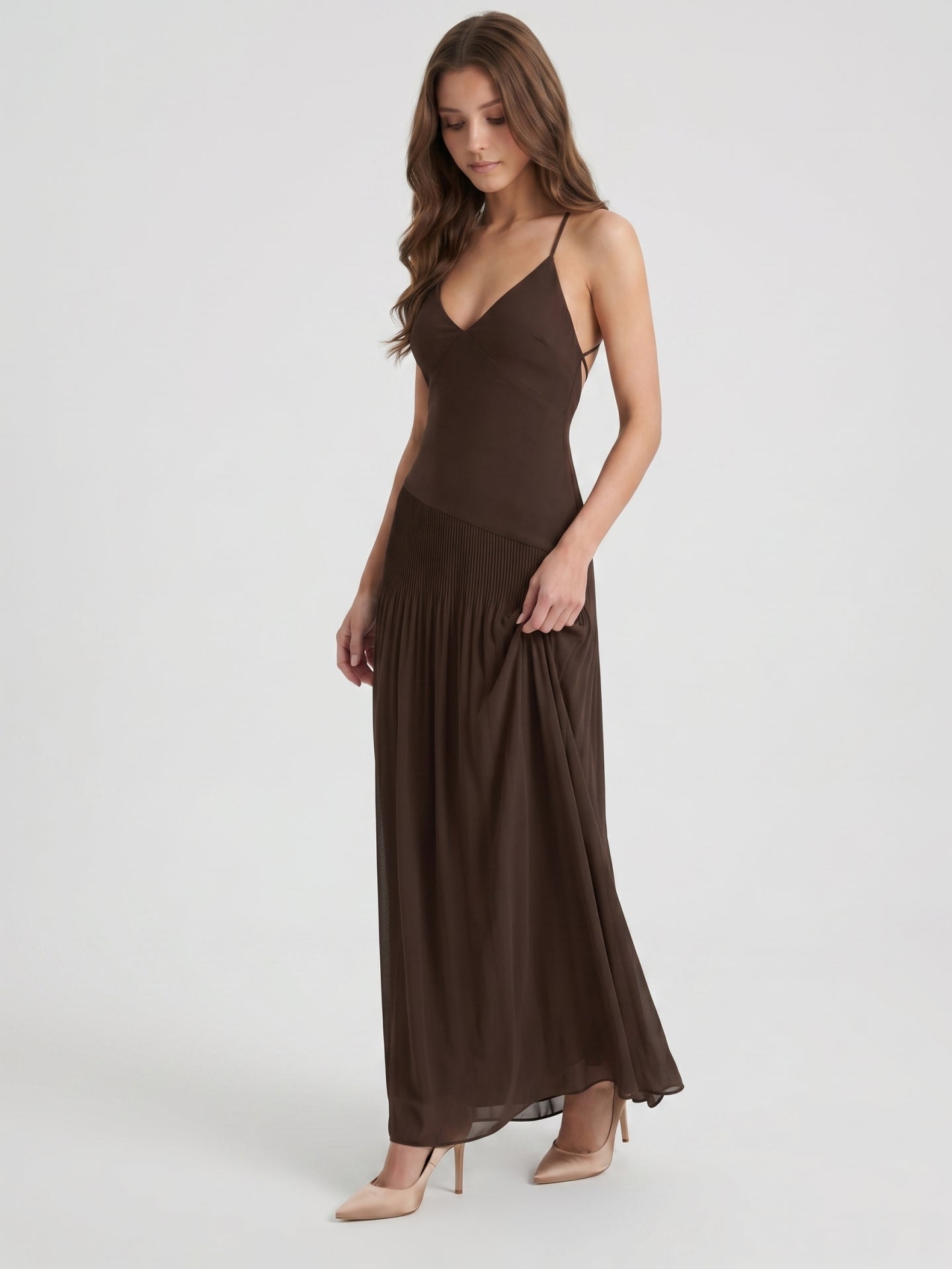 Espresso Chiffon Column V-Neck Lace-Up Back Floor-Length Pleated Bridesmaid Dress