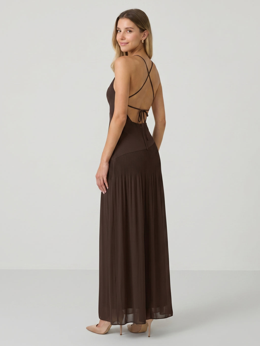 Espresso Chiffon Column V-Neck Lace-Up Back Floor-Length Pleated Bridesmaid Dress