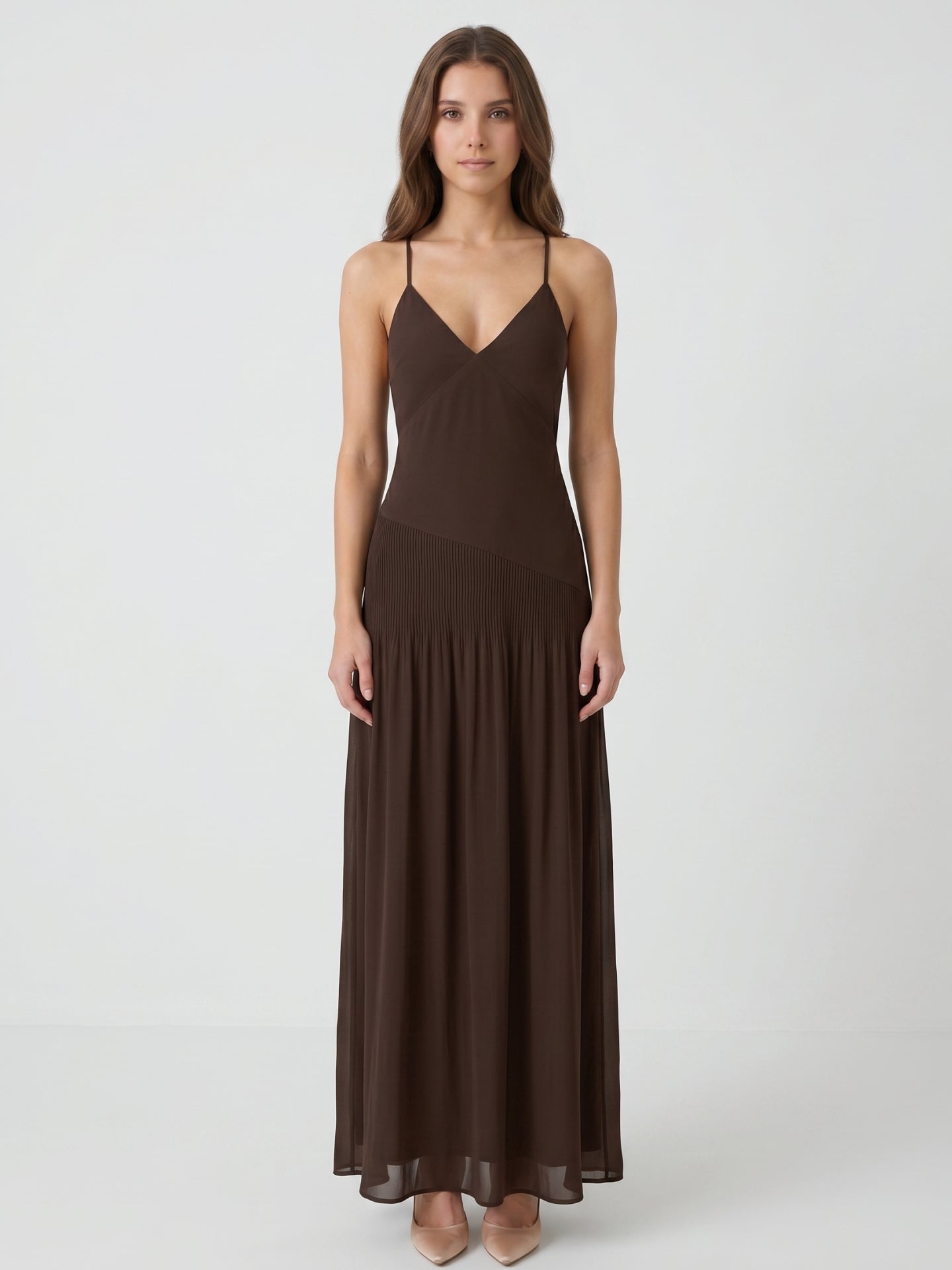 Espresso Chiffon Column V-Neck Lace-Up Back Floor-Length Pleated Bridesmaid Dress