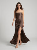 Espresso Matte Satin Mermaid Straight Neck Backless Floor-Length Bridesmaid Dress with Pleating