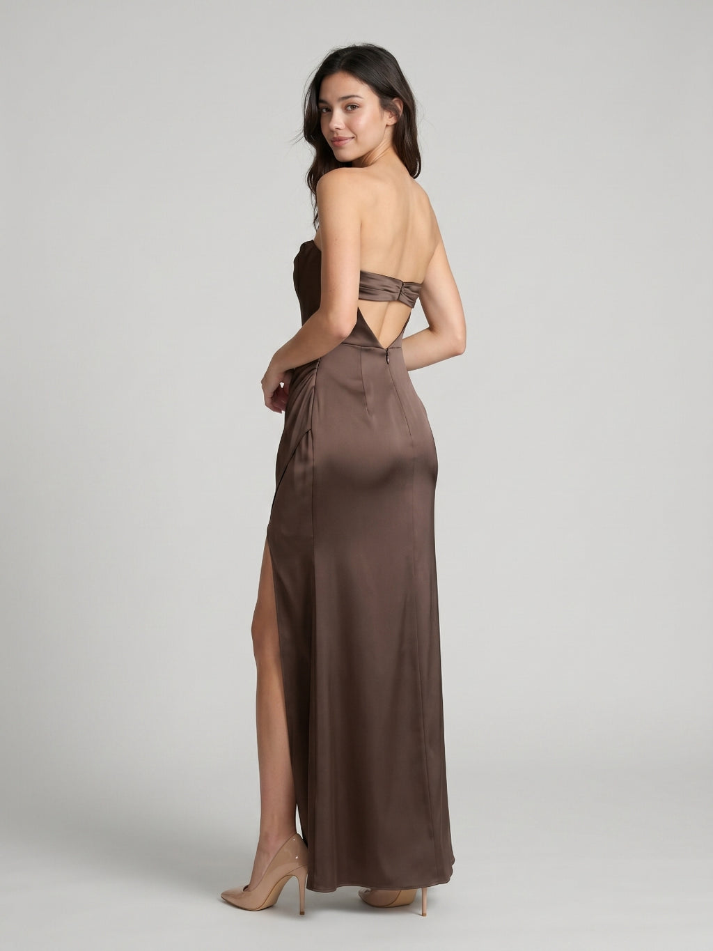 Espresso Matte Satin Mermaid Straight Neck Backless Floor-Length Bridesmaid Dress with Pleating