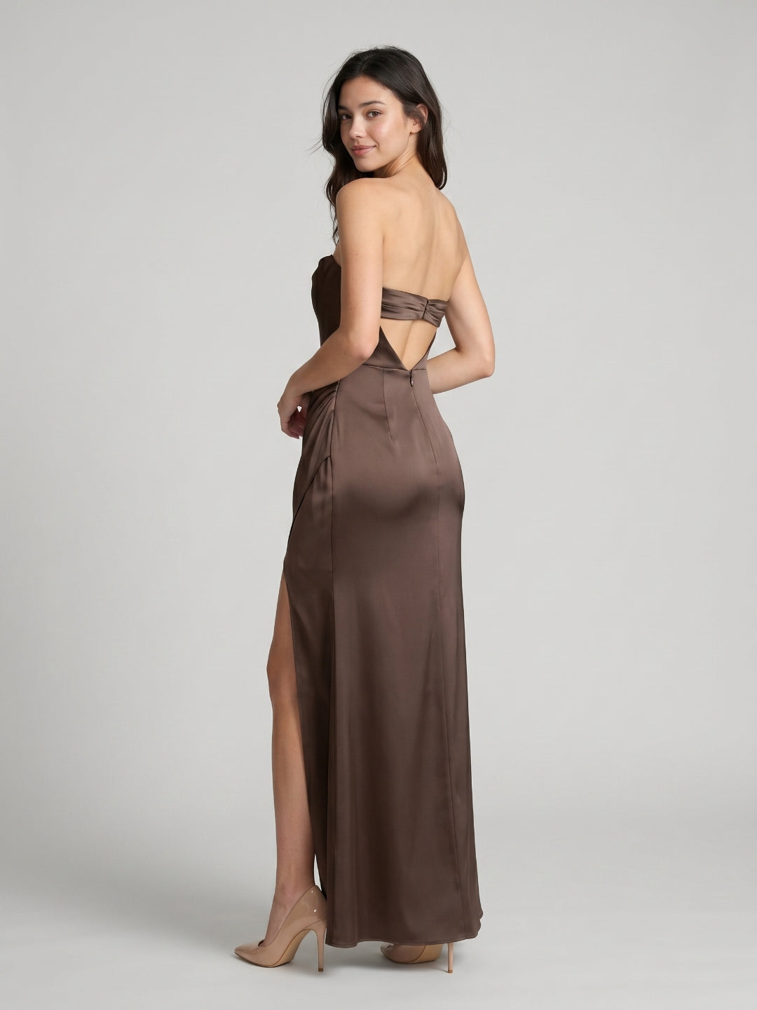 Espresso Matte Satin Mermaid Straight Neck Backless Floor-Length Bridesmaid Dress with Pleating