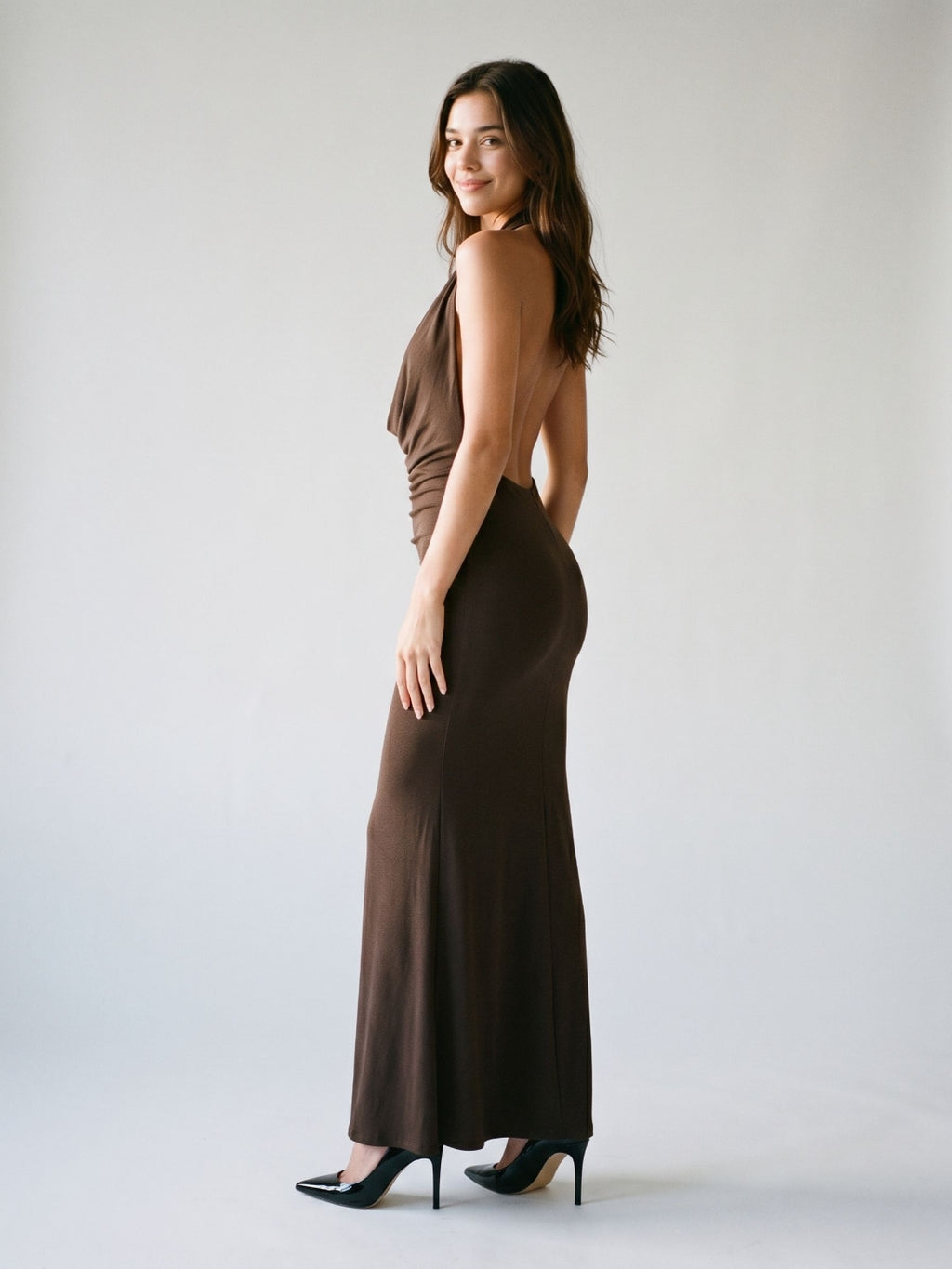 Espresso Matte Satin Sheath Cowl Neck Backless Floor-Length Formal Dress with Pleating